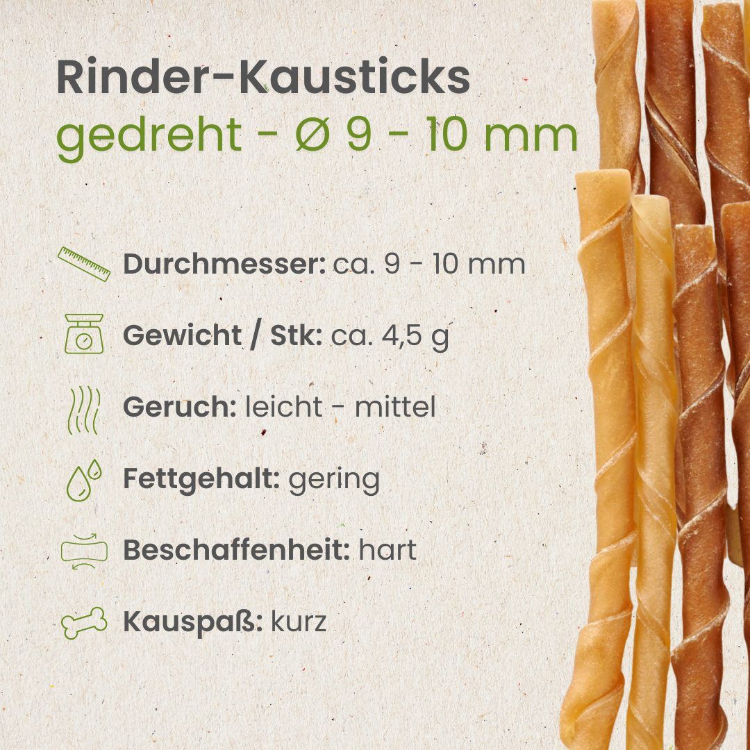 Infografik zu Rinder-Kausnacks: Durchmesser 9-10mm, Gewicht 4,5g, geringer Fettgehalt.