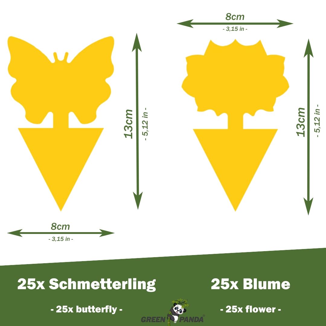 Zwei gelbe Klebefallen, Schmetterling und Blume. Maße: 8cm x 13cm. Text: 25 Schmetterling, 25 Blume. Green Panda Logo.