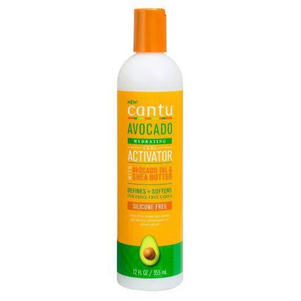 Cantu Avocado Hydrating Curl Activator Cream Flasche mit orangefarbenem Verschluss. Enthält Avocadoöl und Sheabutter.