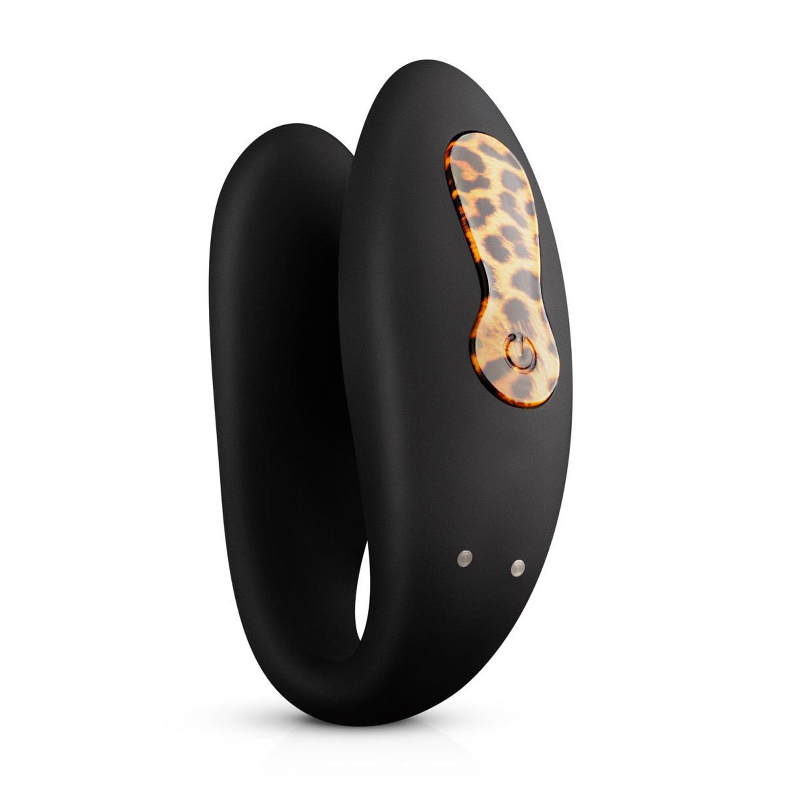 Schwarzer Partner-Vibrator mit Leopardenmuster-Akzent und Bedienfeld. Zwei Knöpfe unten.