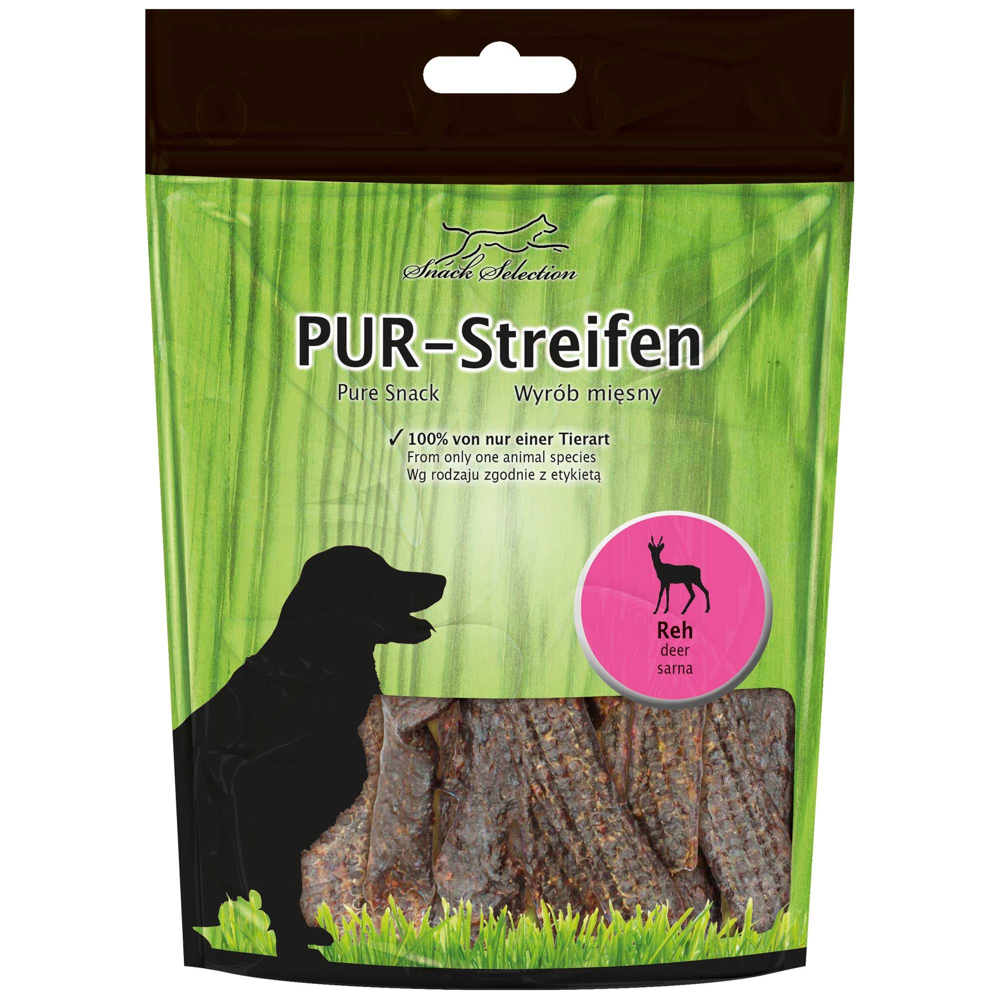 Verpackung PUR-Streifen. Grün-transparente Verpackung mit Hundesilhouette und Reh-Symbol. Text: PUR-Streifen, 100% von nur einer Tierart.