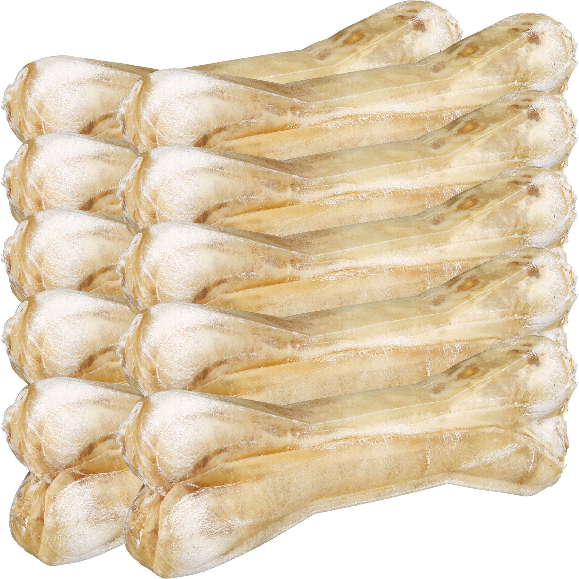 Mehrere Kauknochen mit Pansenfüllung, 21 cm, gestapelt. Helle Farbe, Knochenform.