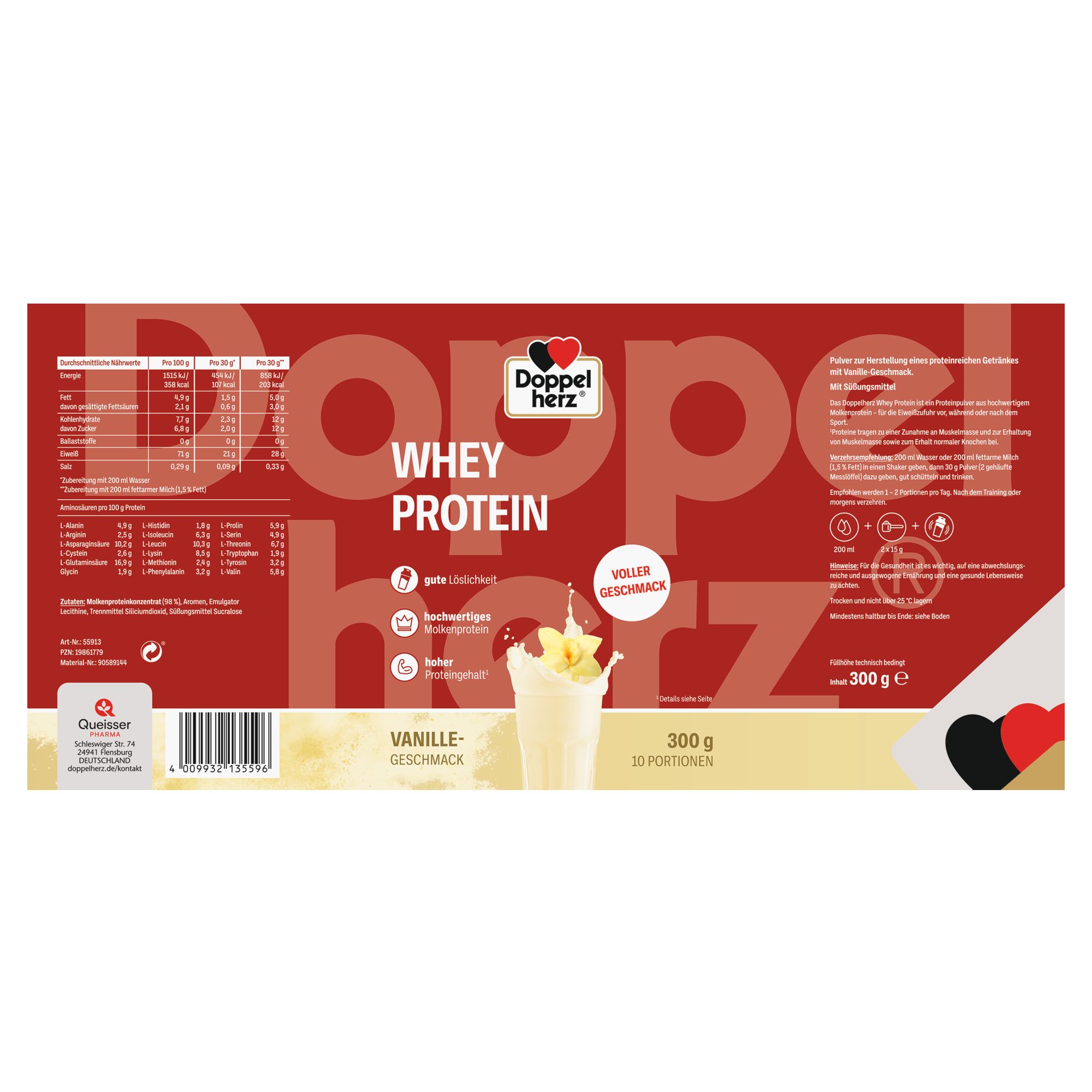 Verpackung von Doppelherz WHEY PROTEIN Vanille. Rote Verpackung mit Produktinformationen und Logo.