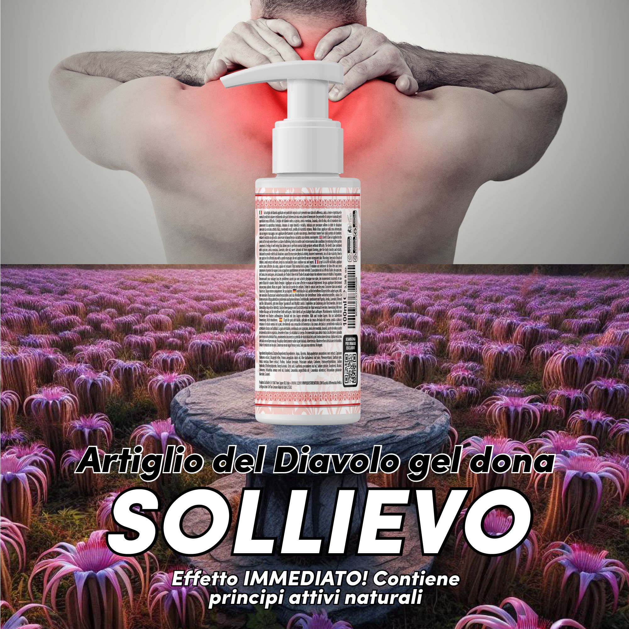 Gel-Flasche mit Dosierpumpe. Text: Artiglio del Diavolo gel dona SOLLIEVO. Enthält natürliche Wirkstoffe.