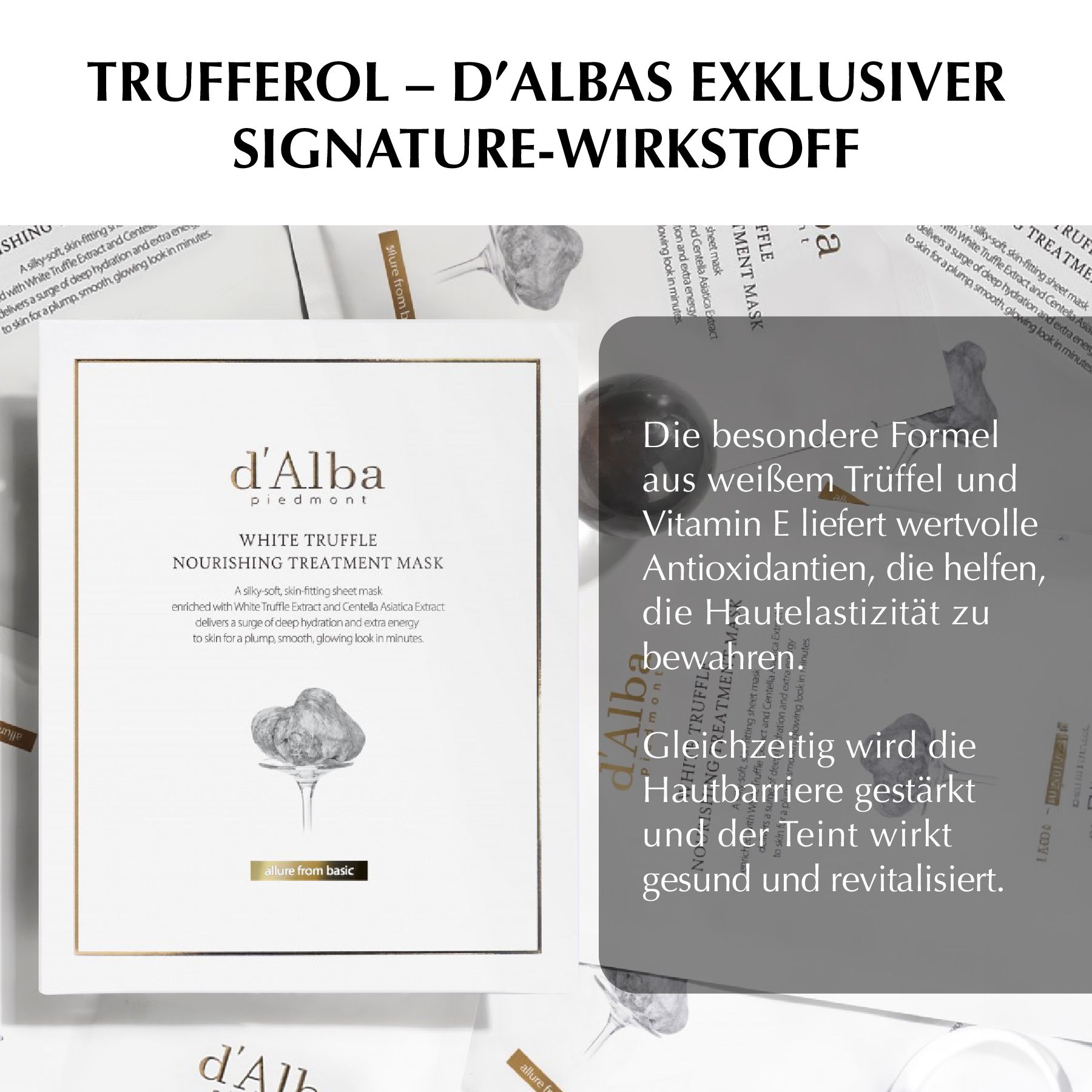 d'Alba White Truffle Mask. Verpackung und Text. Text: Trufferol - d'Albas exklusiver Signature-Wirkstoff.