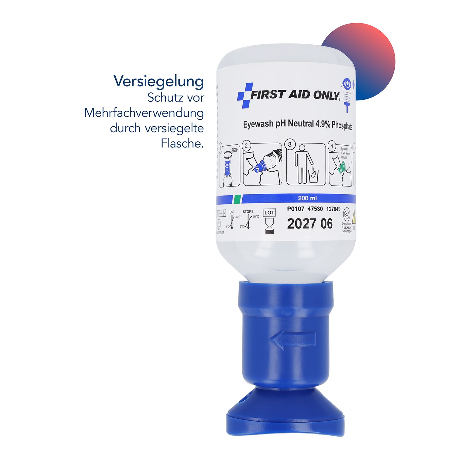 Augenspülflasche von First Aid Only. Blaue Basis, weiße Flasche mit grüner Flüssigkeit. Versiegelt.