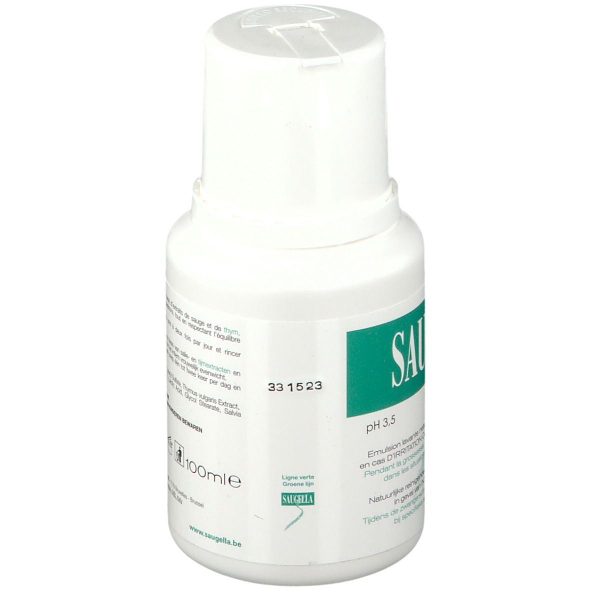 Flacon blanc avec étiquette verte. Inscription Saugella, pH 3.5. Texte multilingue. 100ml.