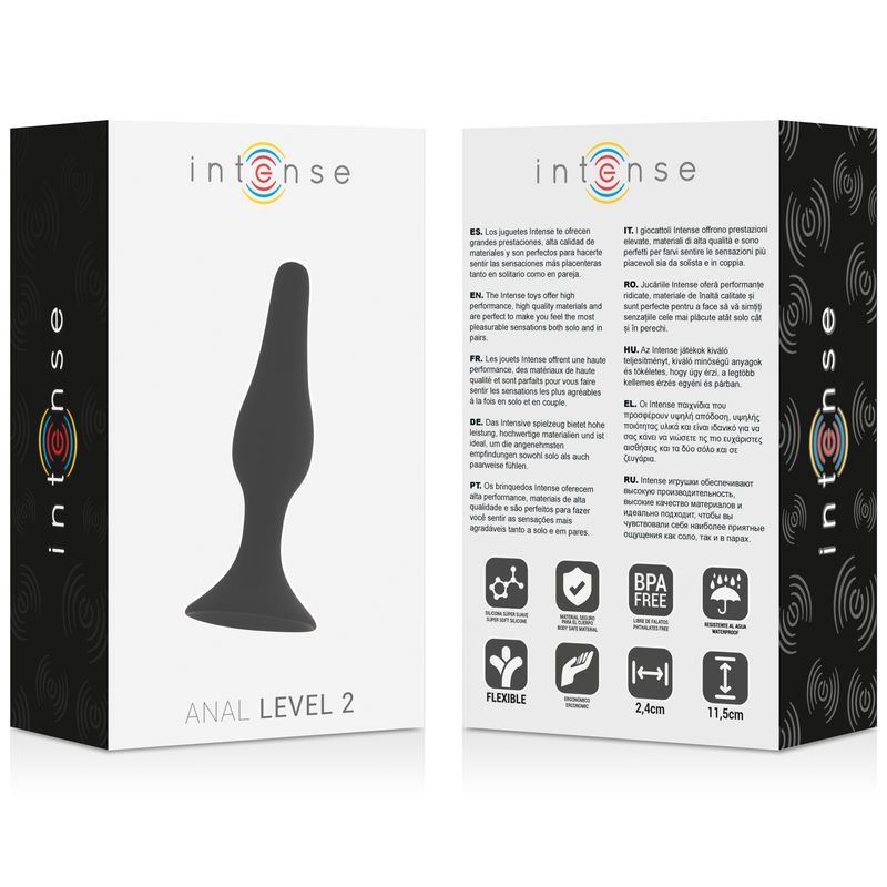 Verpackung mit schwarzem Analspielzeug. Auf der Verpackung steht "intense" und "ANAL LEVEL 2".
