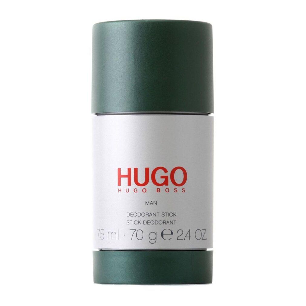 Deodorant-Stick. Grün-weiße Verpackung. Roter Schriftzug HUGO MAN. Text: Deodorant Stick, 75ml-70g-2.4oz.
