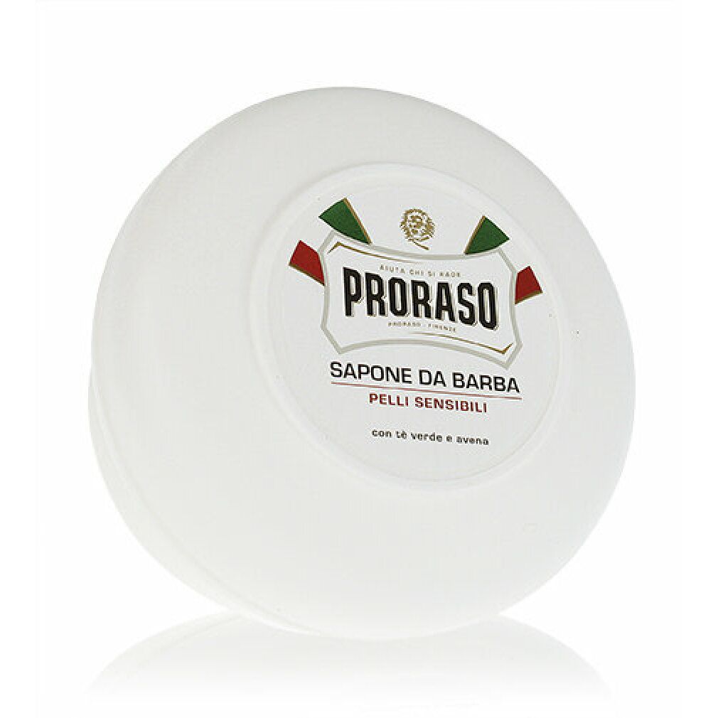 Proraso Rasierseife für empfindliche Haut mit grünem Tee und Hafer, in weißer Schale.