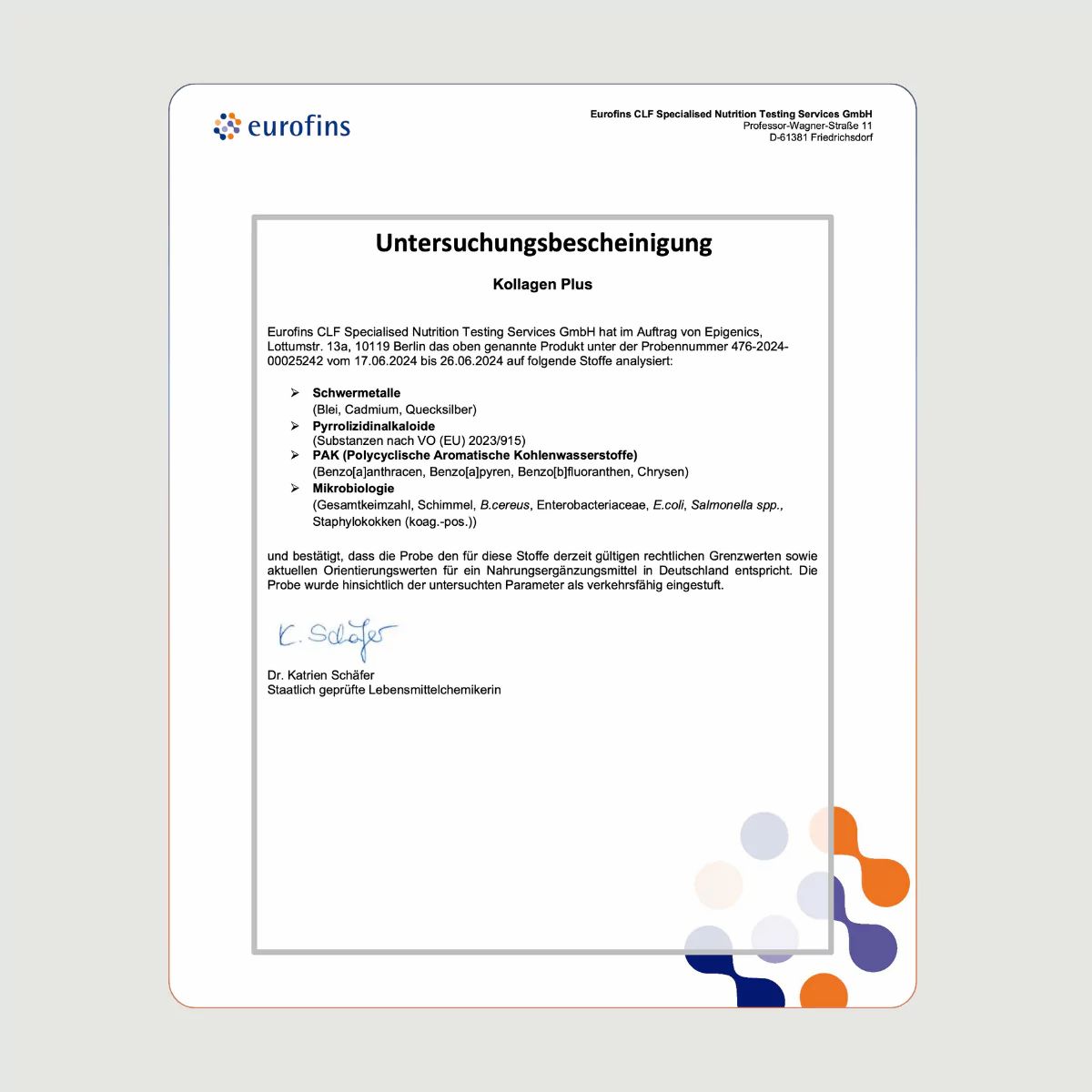 Untersuchungsbescheinigung von Eurofins für Kollagen Plus. Enthält Testergebnisse und Unterschrift.
