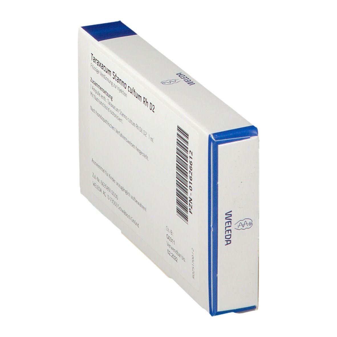 Seitenansicht der Weleda-Verpackung Taraxacum Stanno cultum Rh D2. Text und Barcode.