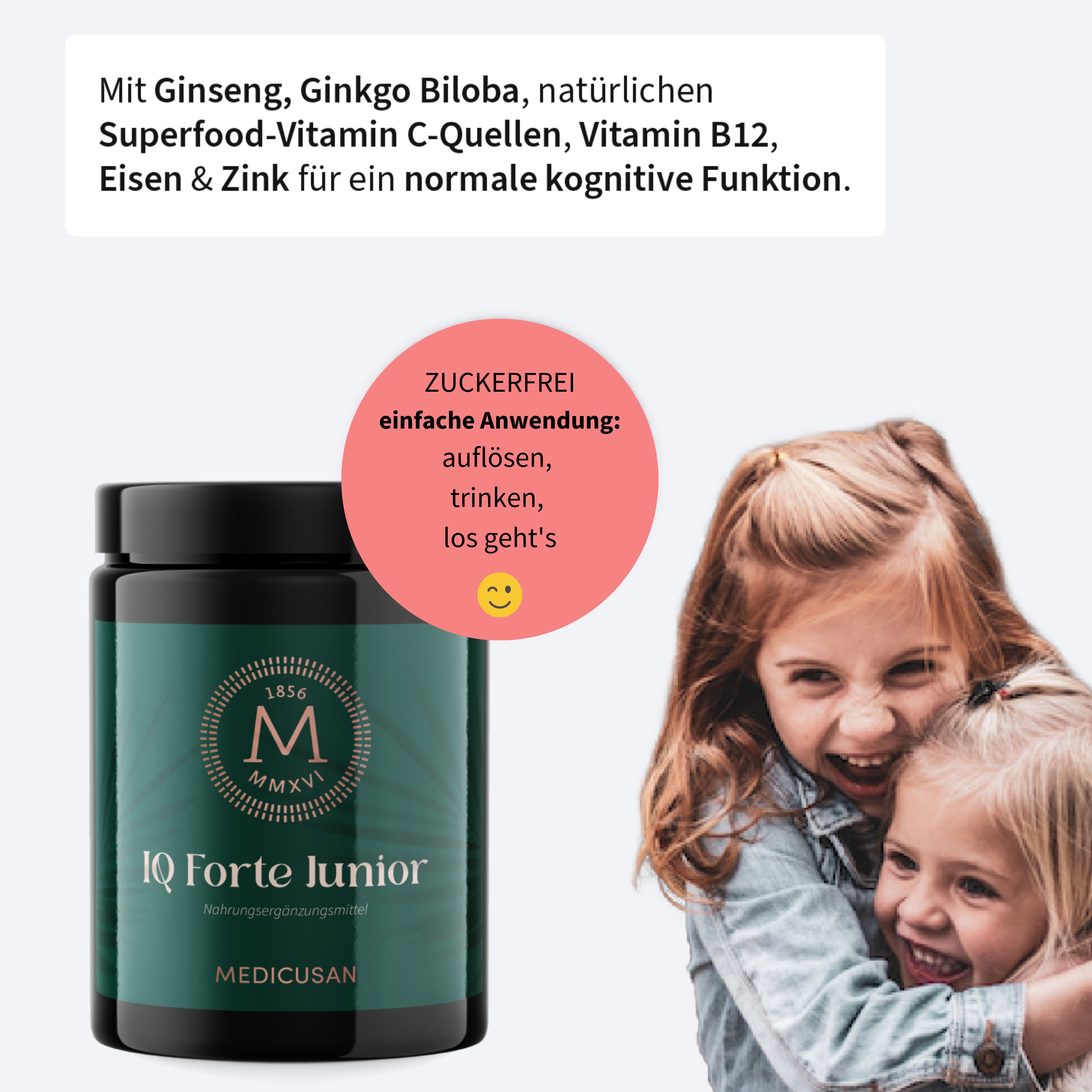 Dunkle Dose mit schwarzem Deckel. Aufschrift: IQ Forte Junior, MEDICUSAN. Zwei Kinder umarmen sich.