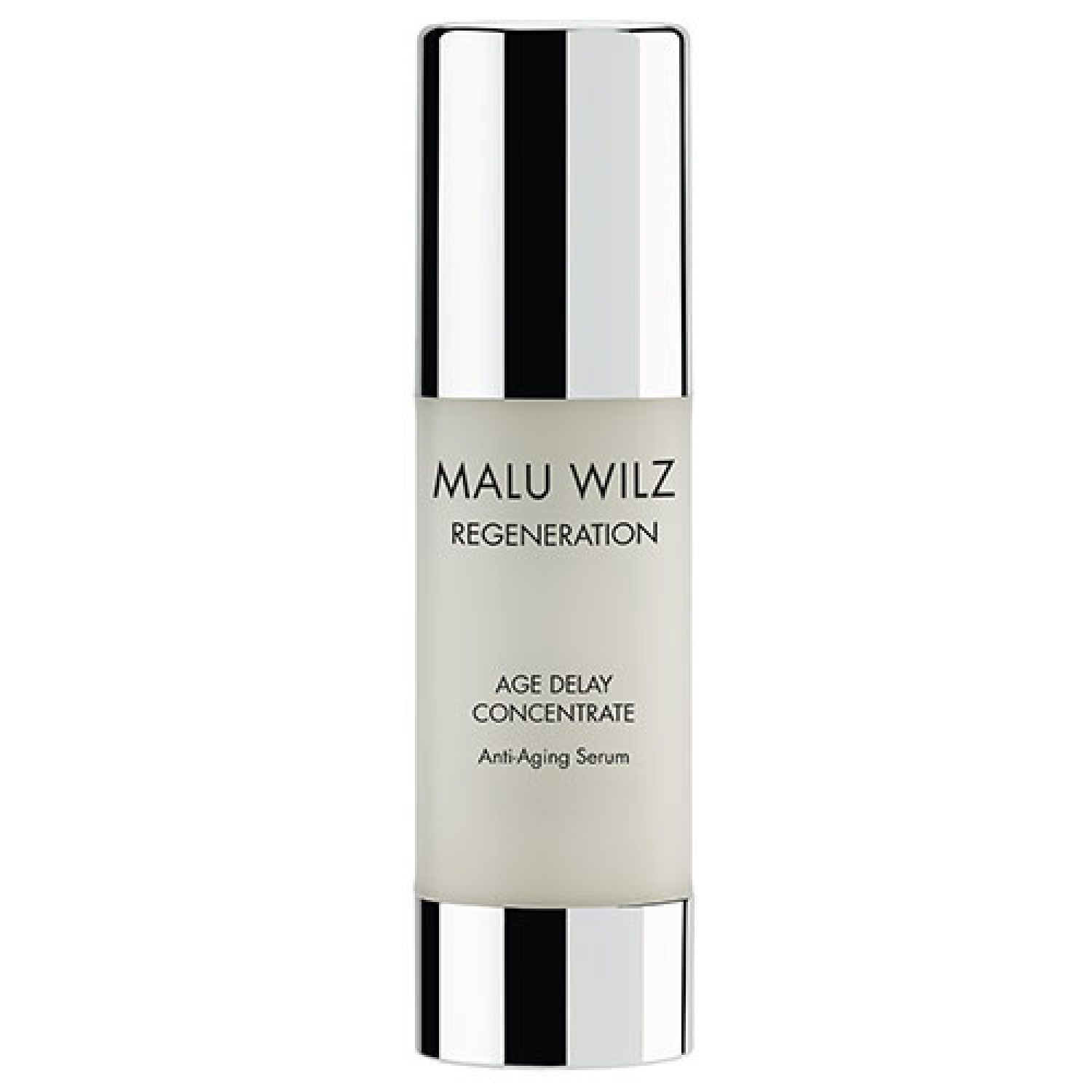 Serumflasche mit silberner Kappe. Aufschrift: Malu Wilz, Regeneration, Age Delay Concentrate, Anti-Aging Serum.
