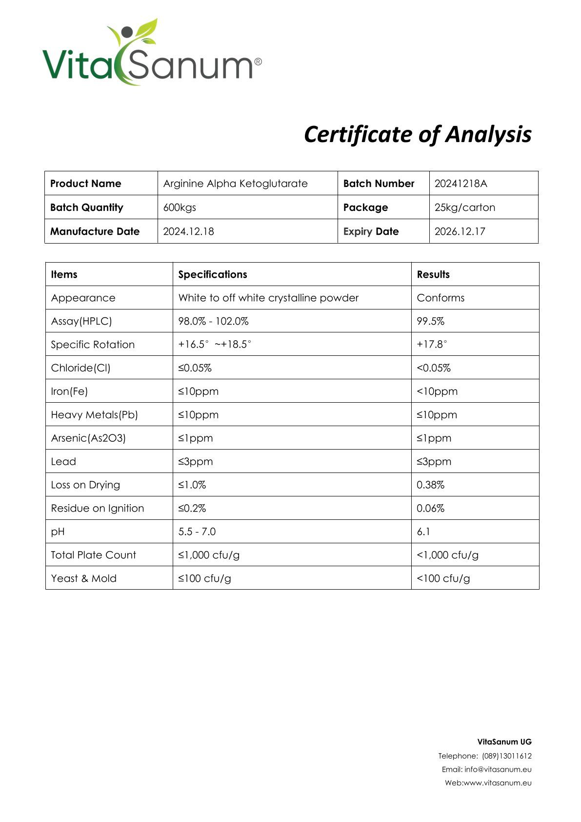 Zertifikat mit Tabellen. Produktname: Arginin Alpha Ketoglutarat. Angaben zu Aussehen, Reinheit, Schwermetallen und pH-Wert.