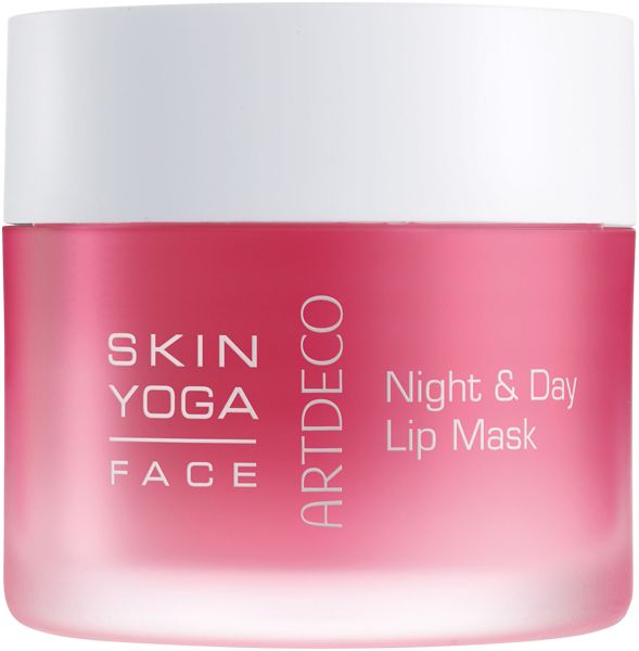 Runder Tiegel Skin Yoga Face Night & Day Lip Mask. Rosa Inhalt, weißer Deckel. Artdeco-Logo und Produktname.