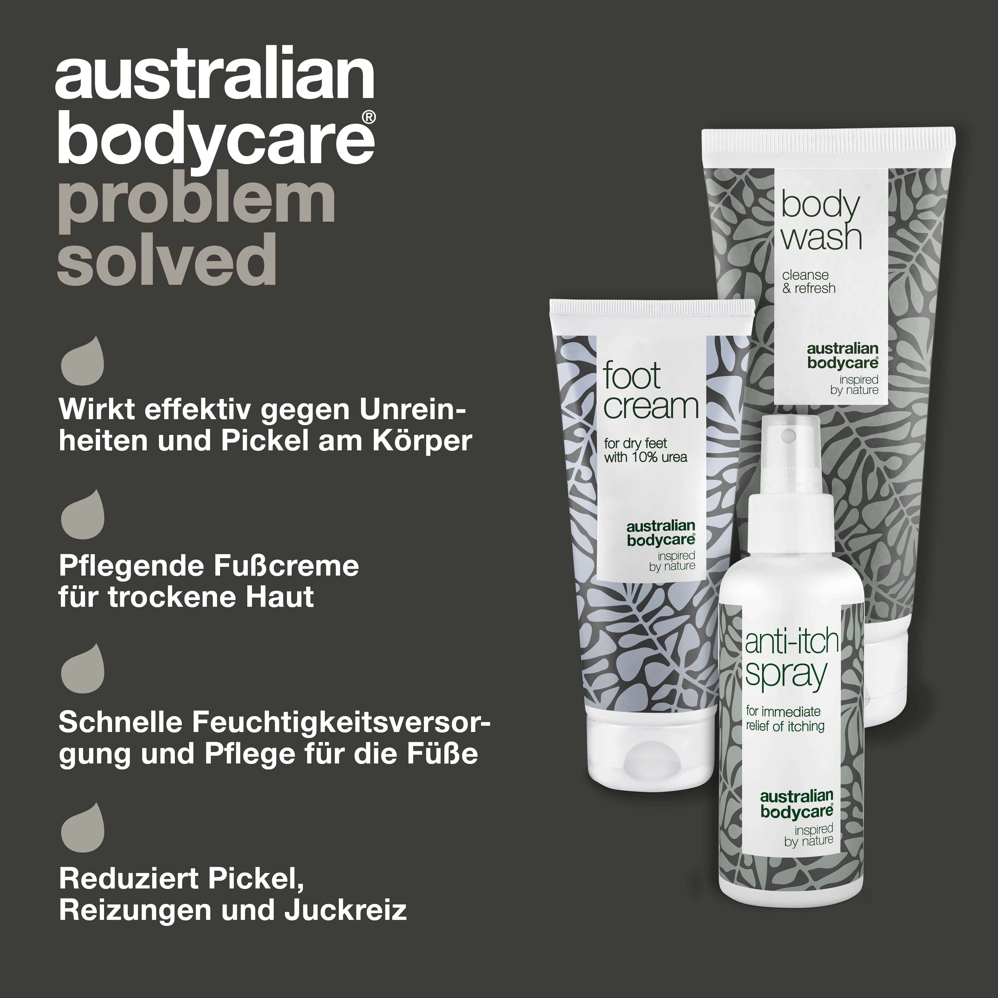 Drei Produkte: Fußcreme, Body Wash, Anti-Juckreiz-Spray. Text: Wirkt effektiv gegen Unreinheiten und Pickel.