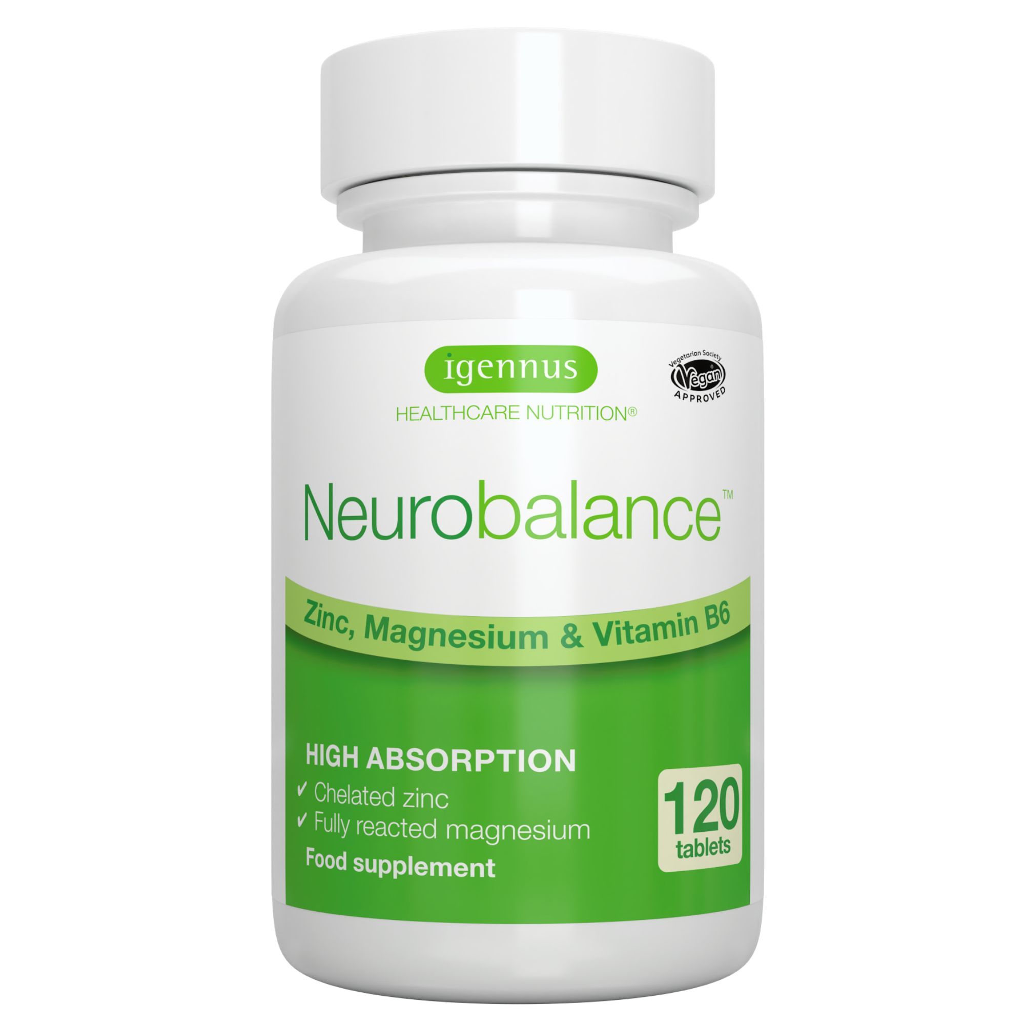 Weiße Flasche mit Tabletten. Text: Neurobalance. Zinc, Magnesium & Vitamin B6. HIGH ABSORPTION. 120 Tabletten.