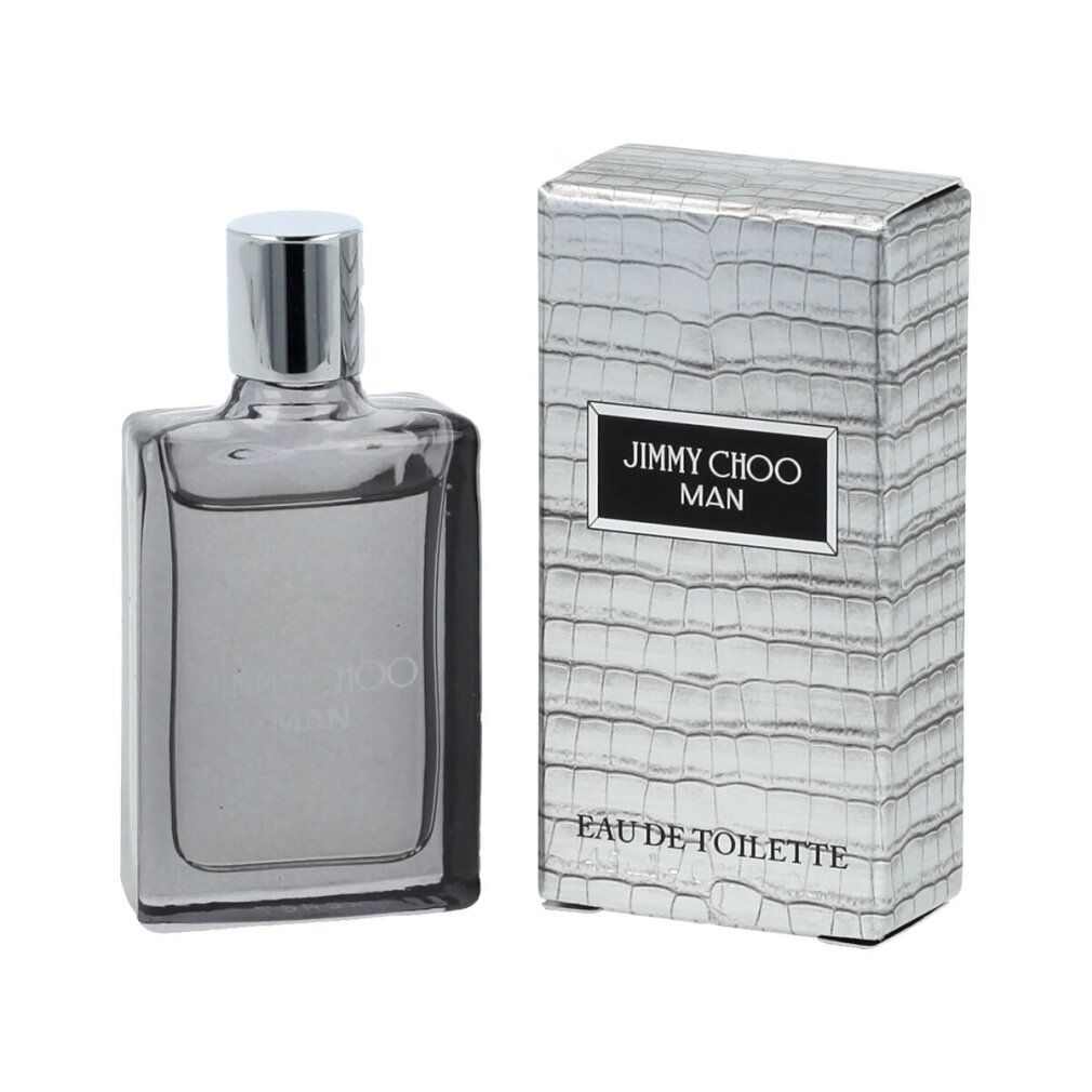 Jimmy Choo Man Eau De Toilette Flakon und Verpackung. Flakon rechteckig, silberner Verschluss. Verpackung mit Krokodilmuster und Logo.