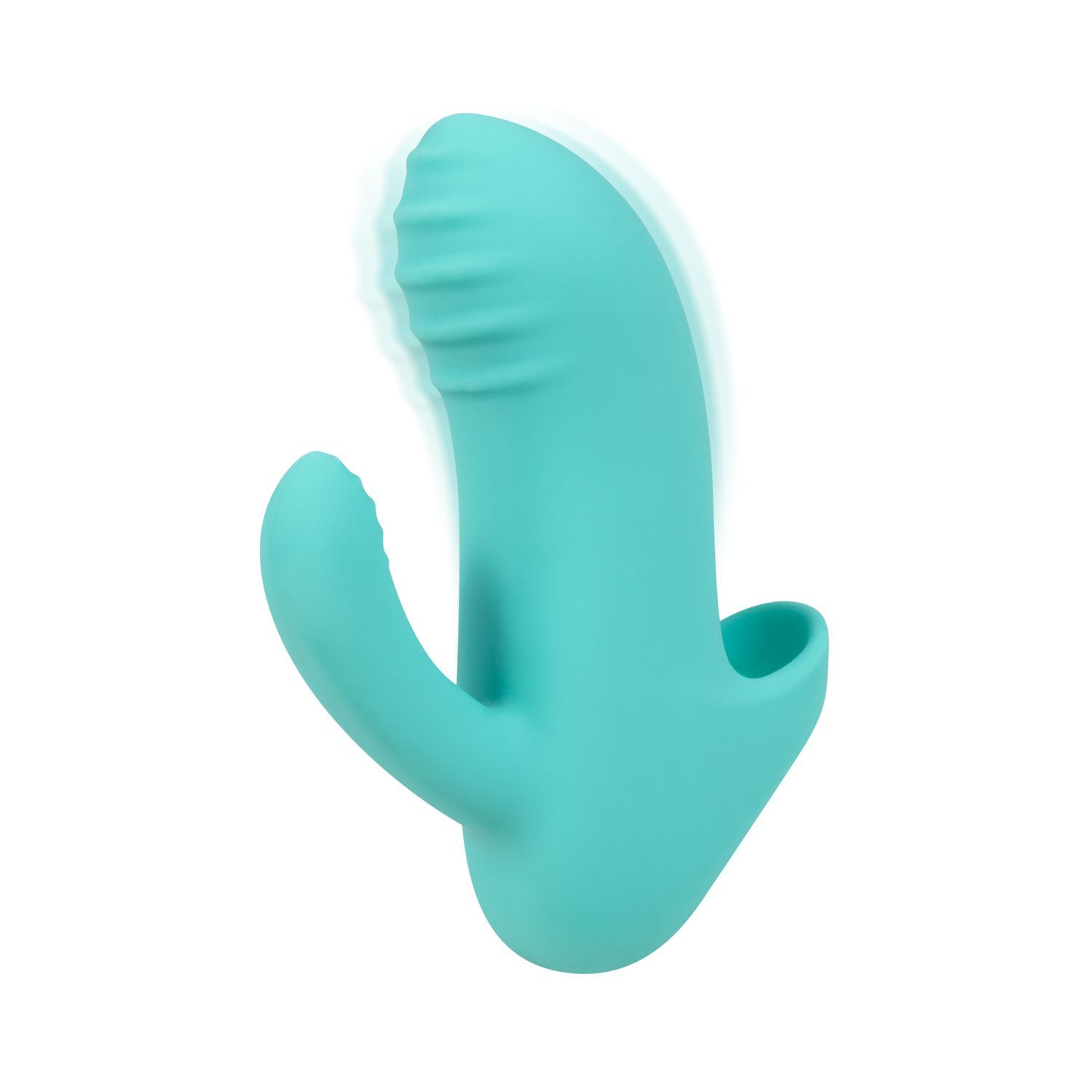 Türkisfarbener Vibrator mit gebogener Form und geriffelter Oberfläche. Mit einem gebogenen Arm.