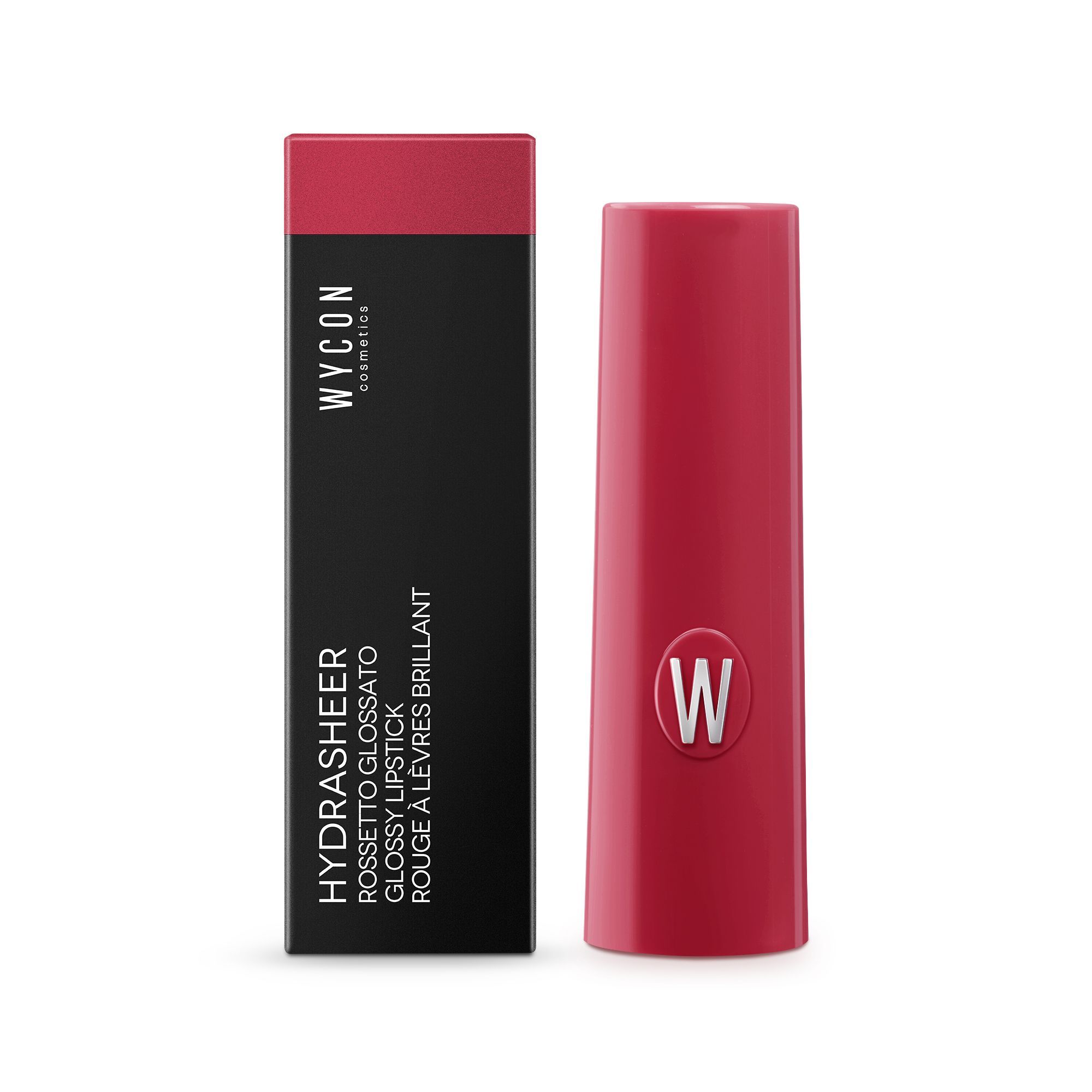 WYCON Hydrasheer Glossy Lipstick in Scarlet: Verpackung und aufgedrehter Lippenstift.