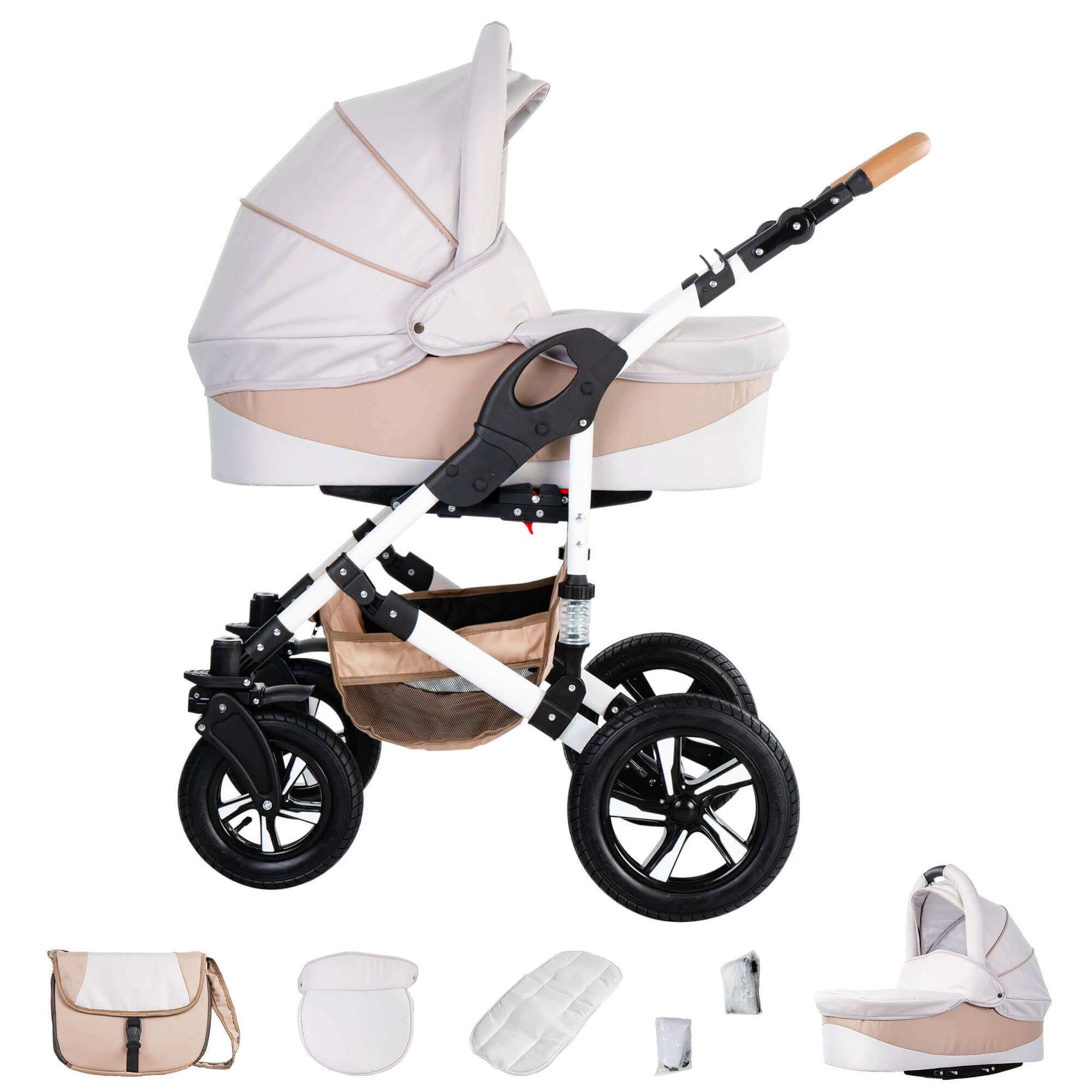 Kinderwagen-Set in Creme und Beige. Enthält Babywanne, Zubehör und eine separate Tragetasche. Weißes Gestell, Hartgummireifen.