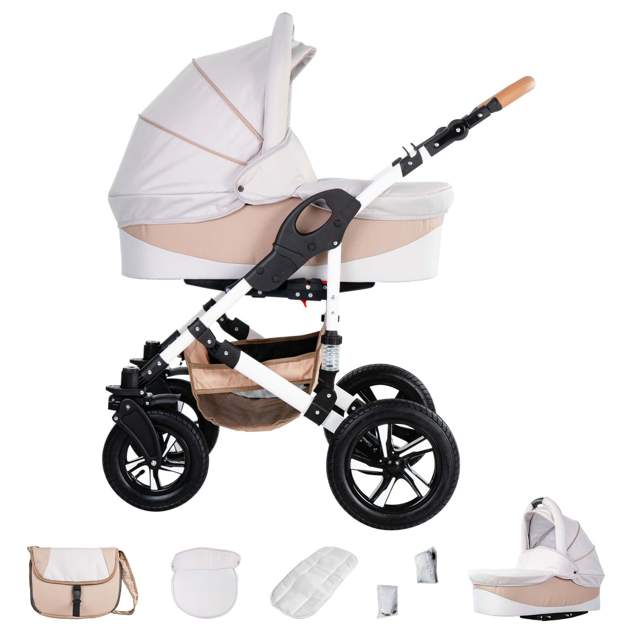 Friedrich Hugo Hamburg 4 in 1 Kinderwagen Komplettset ISOFIX Basis Luftreifen, Cream & Beige