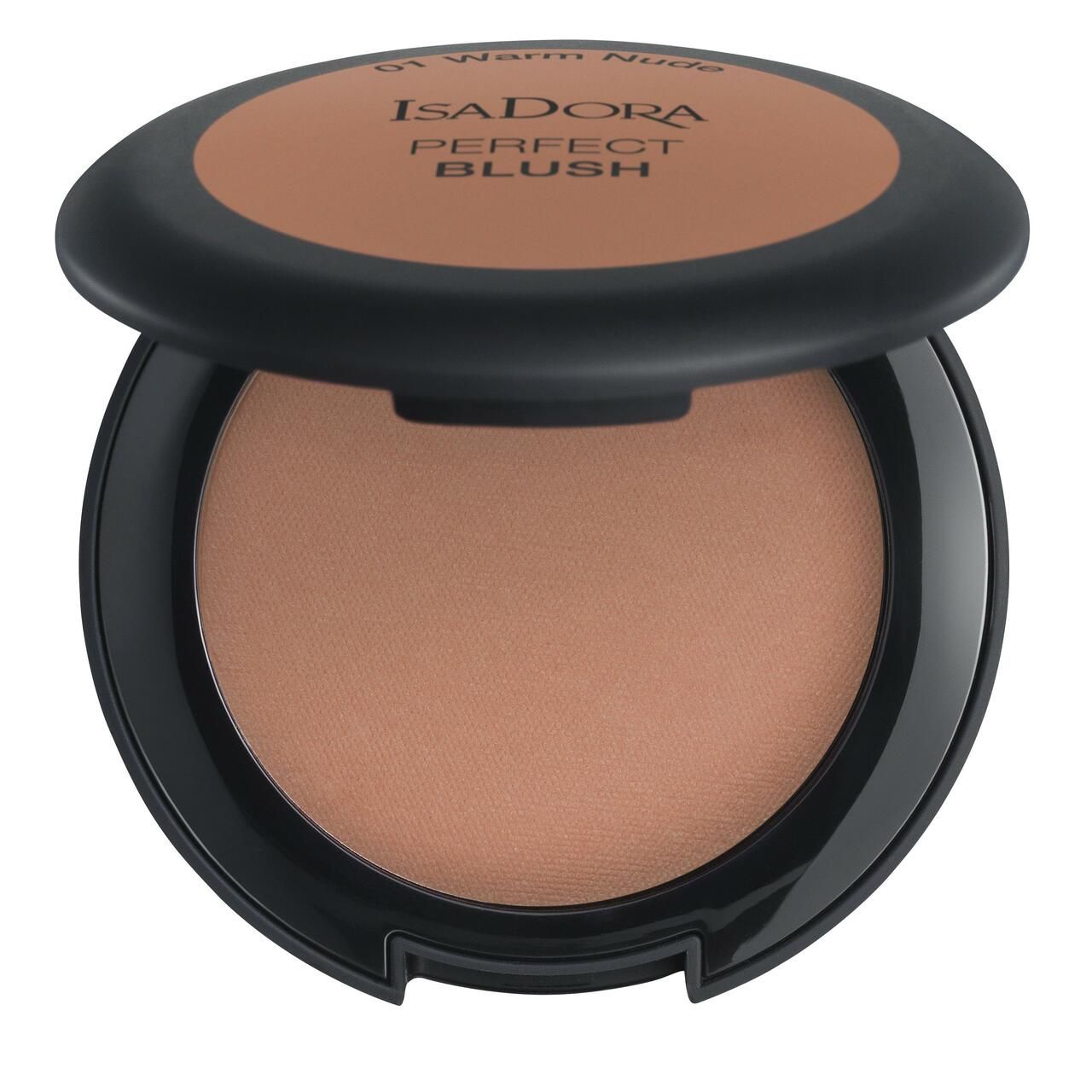 IsaDora Perfect Blush, geöffnet. Schwarze Dose mit braunem Puder. Deckel mit Produktbezeichnung und Farbton. Puderfarbe: Warm Nude.