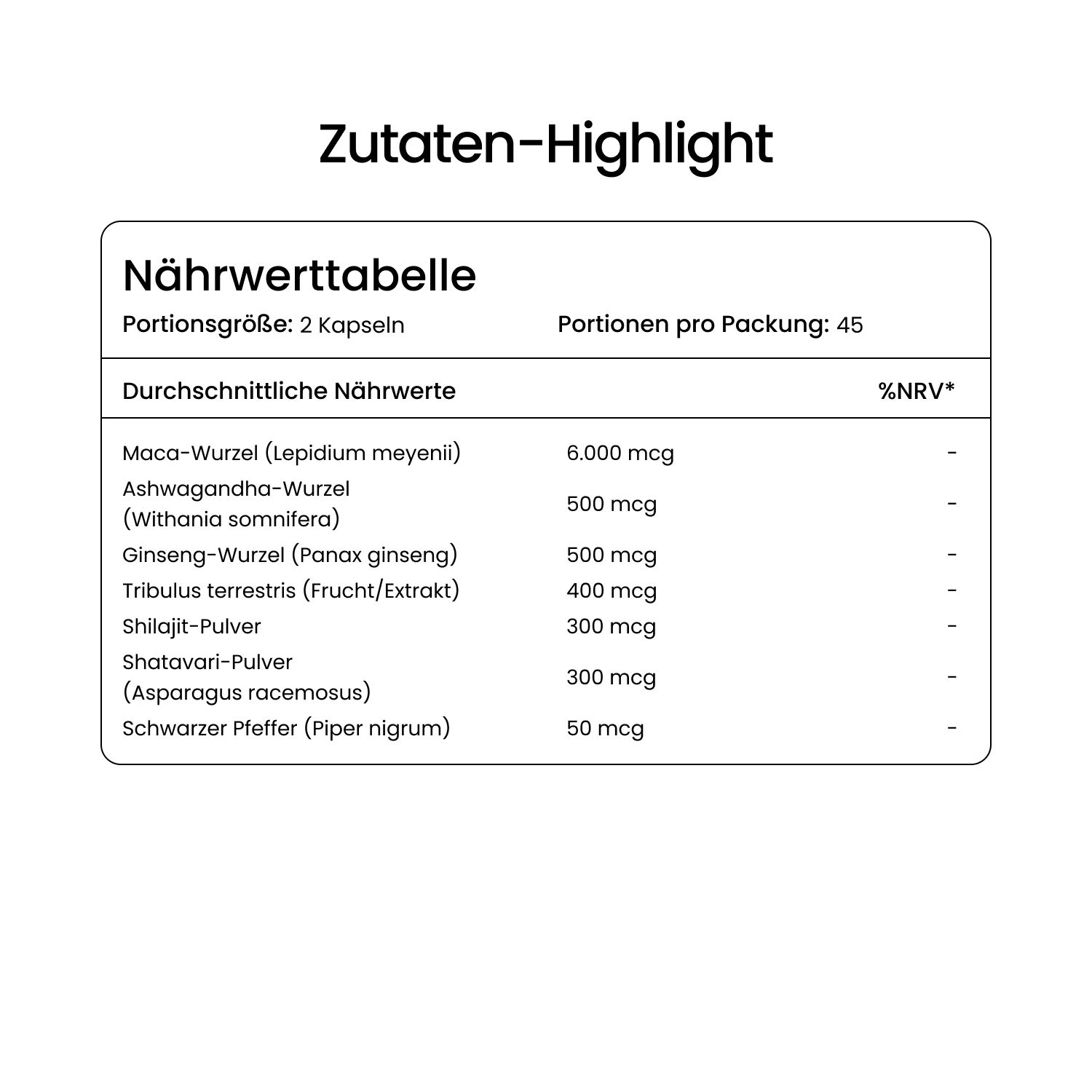 Nährwerttabelle. Portionsgröße: 2 Kapseln. Portionen pro Packung: 45. Inhaltsstoffe: Maca, Ashwagandha, Ginseng, etc. %NRV* nicht angegeben.