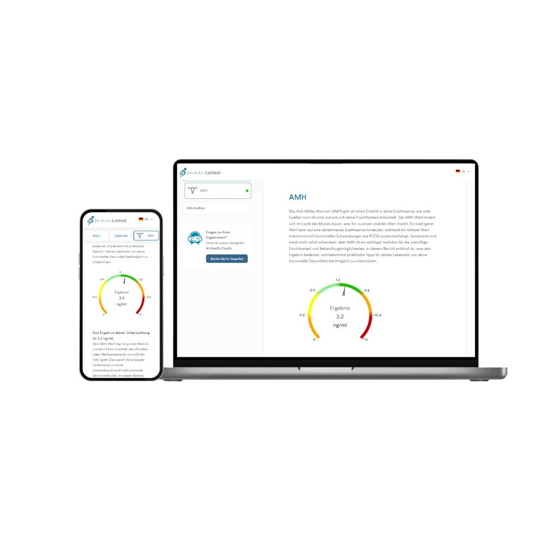 Laptop und Smartphone mit Testergebnissen. Anzeige von AMH-Werten. Logo von meinLabtest. Grafische Darstellung.