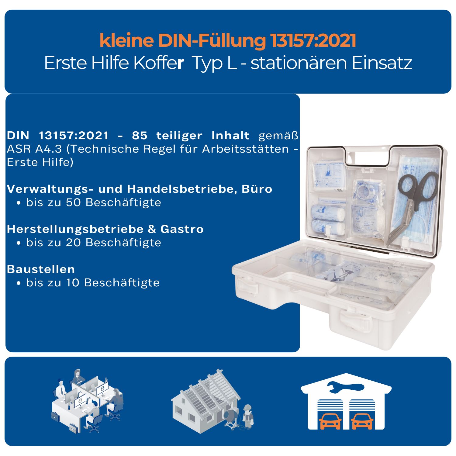 Geöffnete Erste-Hilfe-Koffer mit Inhalt. Enthält Verbandsmaterial, Schere und weitere medizinische Artikel. Blaue Hintergrundinformationen.