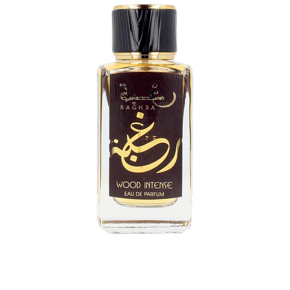 Parfümflasche. Auf der Flasche steht "RAGHBA WOOD INTENSE Eau de Parfum".