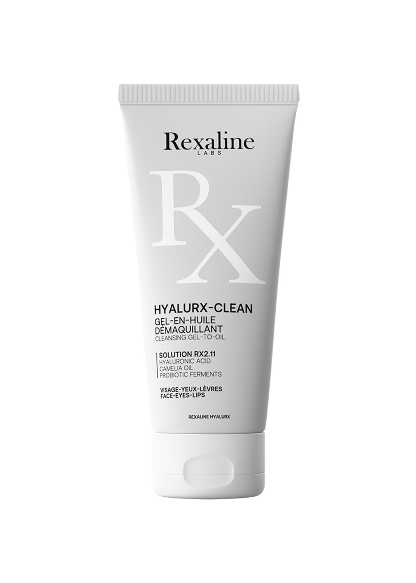 Weißer Tubenbehälter mit Produktnamen und Markennamen. Text: HYALURX-CLEAN, GEL-EN-HUILE DÉMAQUILLANT, Rexaline Labs.