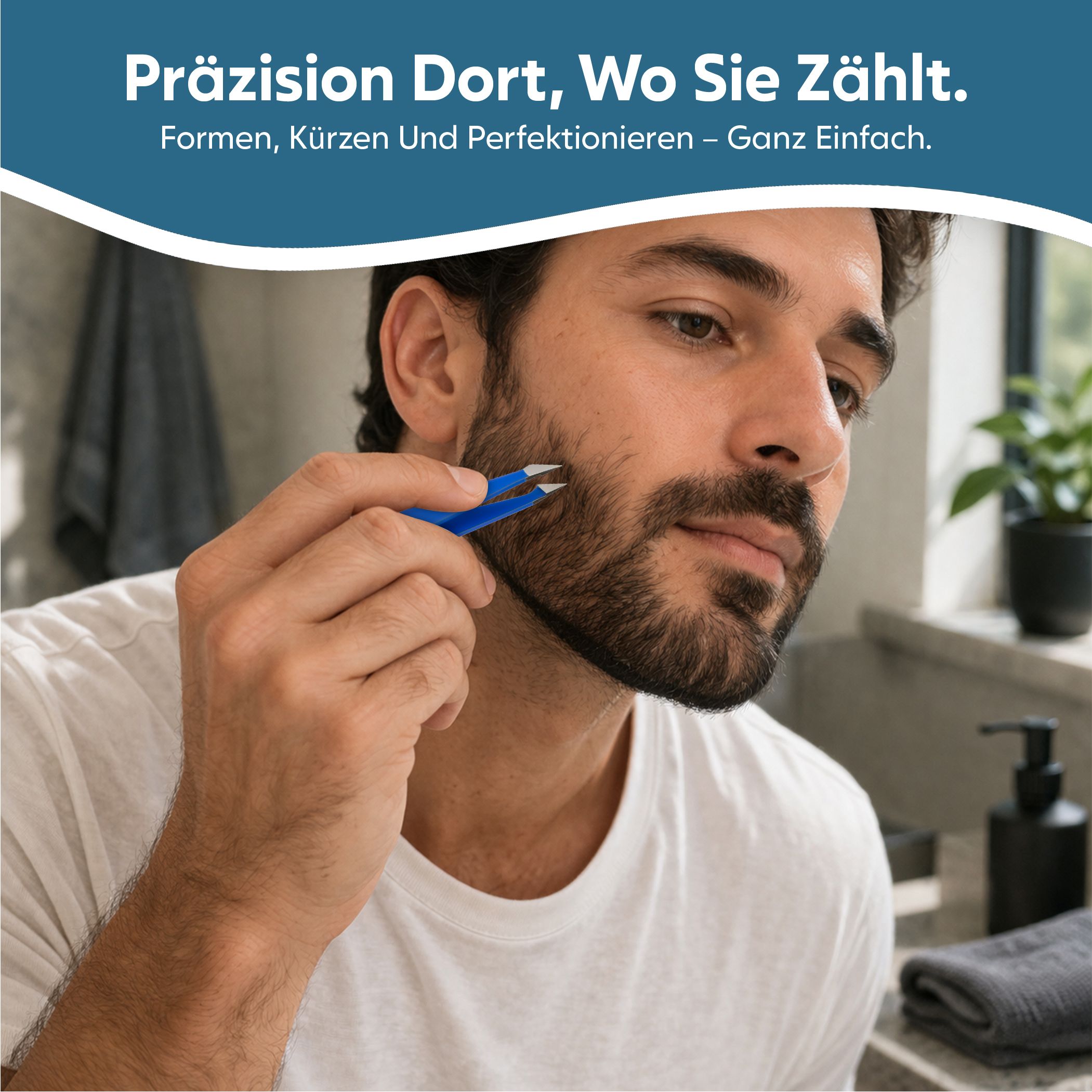 Mann benutzt eine blaue Pinzette zur präzisen Bartpflege im Badezimmer.