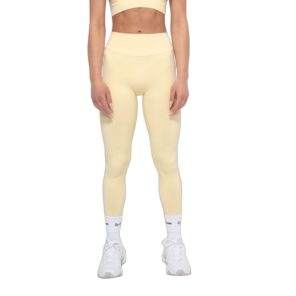Damen Leggings in Buttergelb, hohe Taille, von vorne.