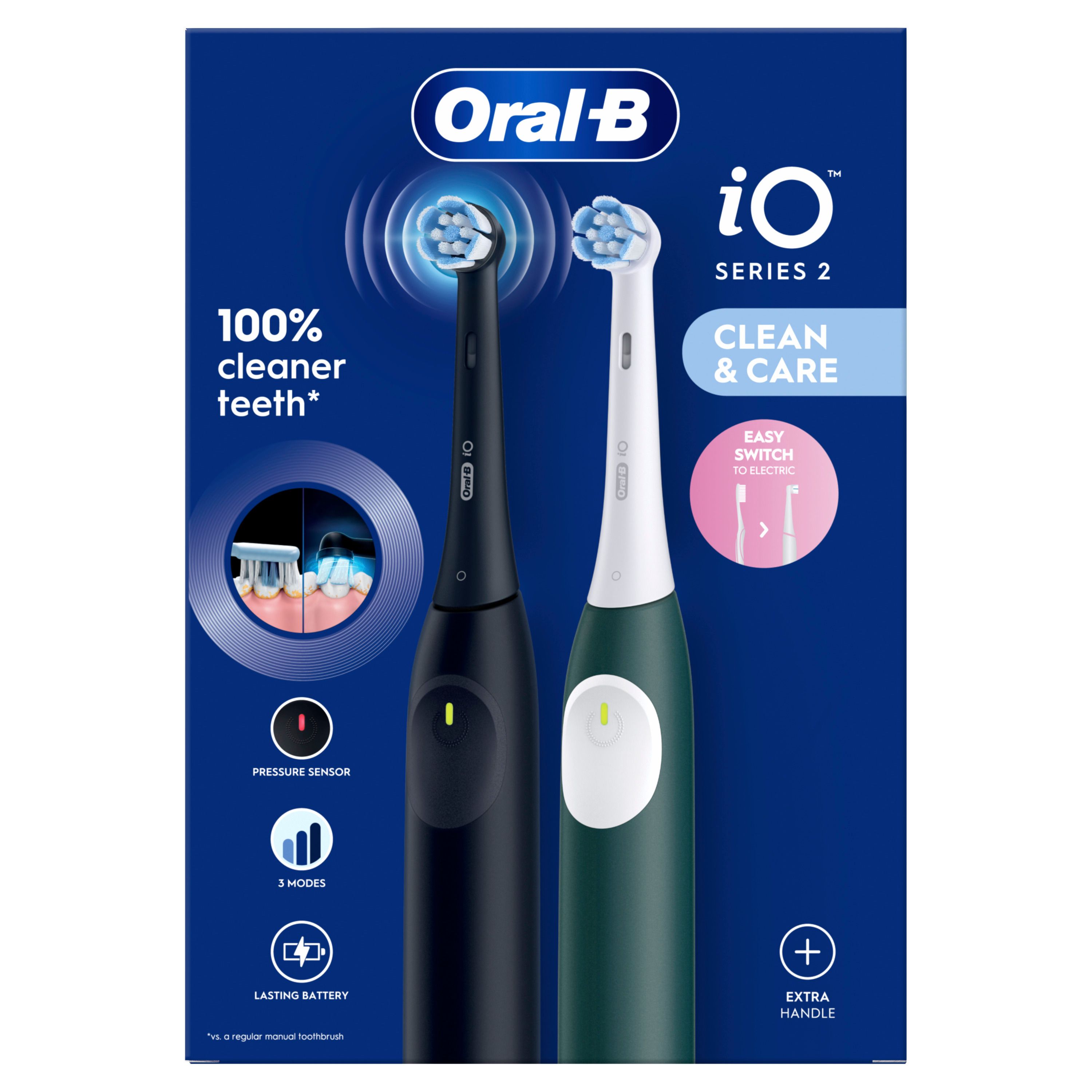 Zwei elektrische Zahnbürsten, schwarz und grün, mit Verpackung. Oral-B iO Series 2. Clean & Care, Easy Switch.