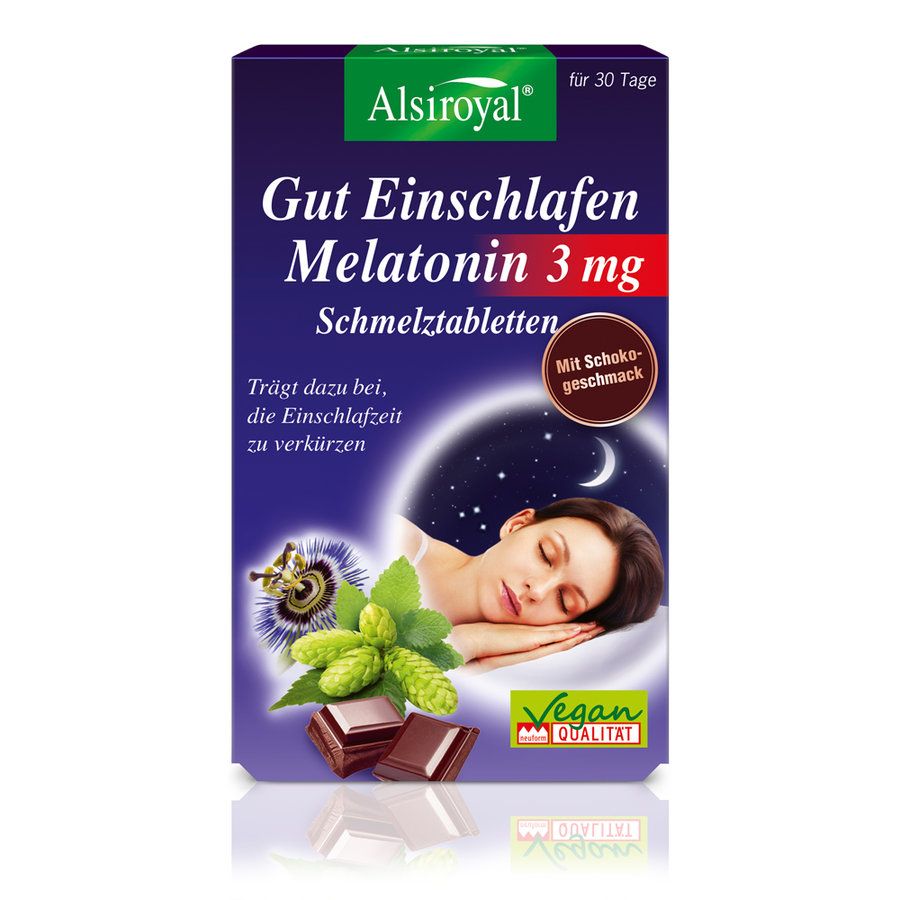 Verpackung von Alsiroyal Gut Einschlafen Melatonin 3 mg Schmelztabletten. Enthält Text, eine schlafende Person und Schokoladenstücke.