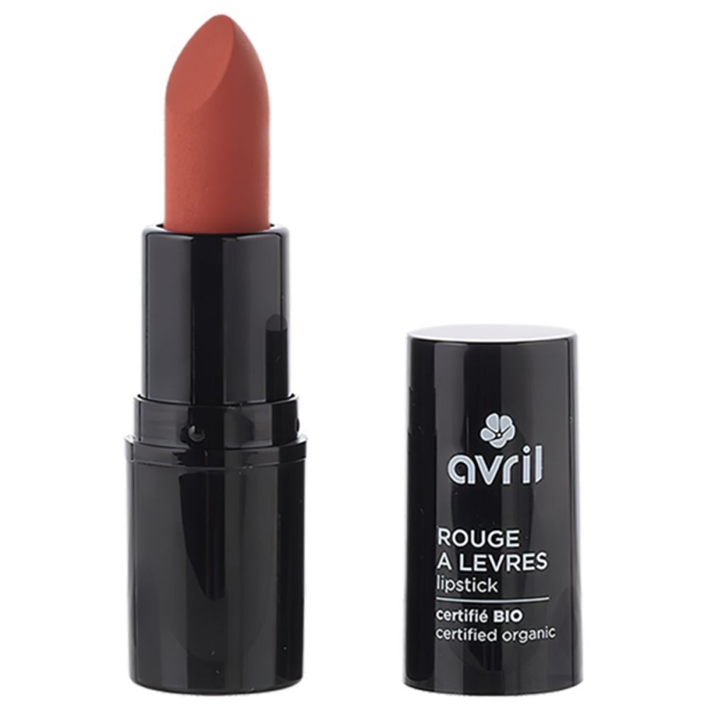 Offener schwarzer Lippenstift-Stift. Aufschrift: Avril, Rouge à Lèvres, certifié BIO. Zertifizierter Bio-Lippenstift.