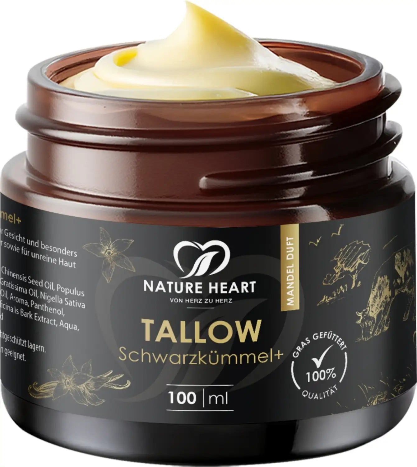 Braunes Glas mit Creme. Aufschrift: Tallow Schwarzkümmel+, 100 ml. Logo: Nature Heart. Zertifizierung: 100% Qualität.