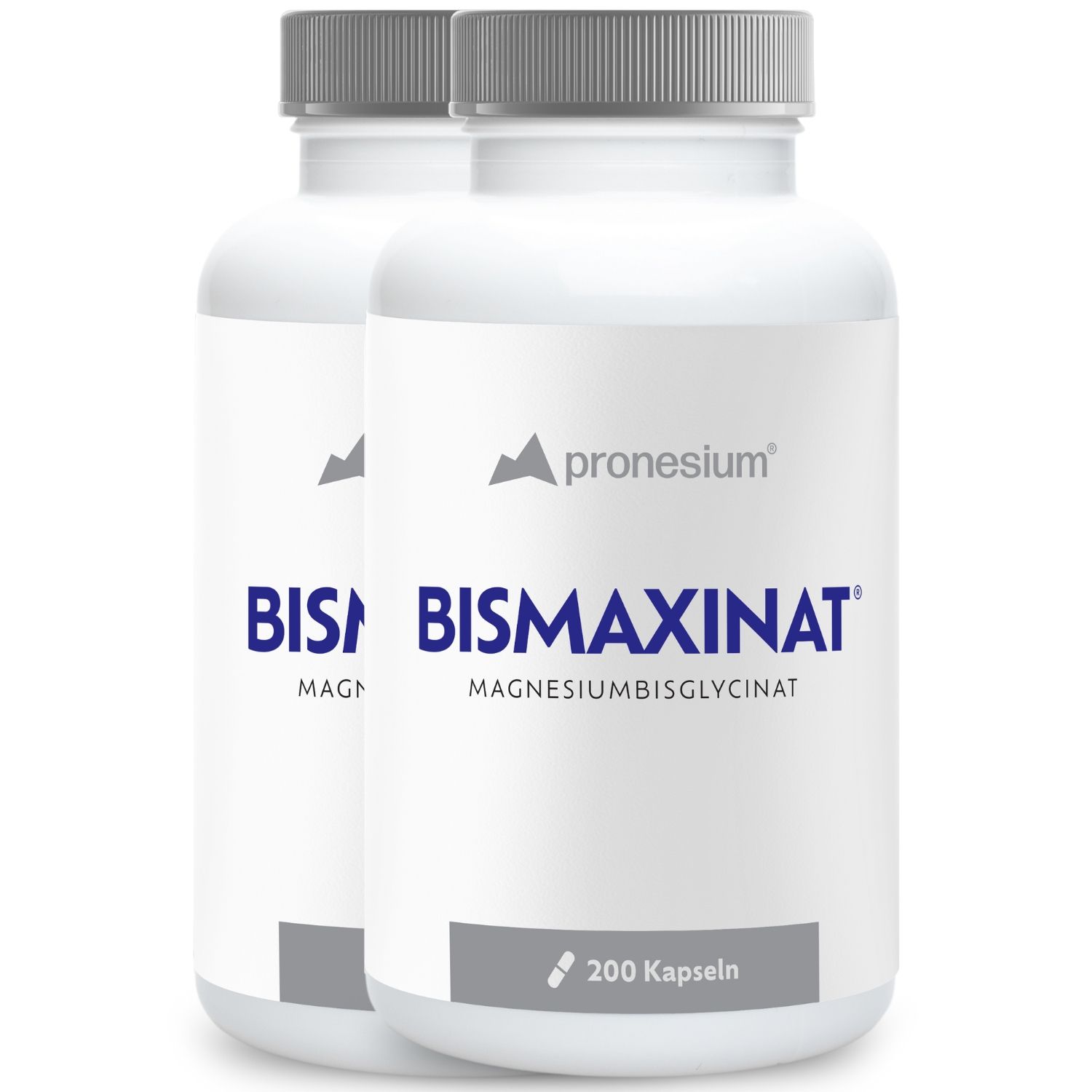 Zwei weiße Flaschen mit grauen Deckeln. Aufschrift: BISMAXINAT®, Magnesiumbisglycinat. 200 Kapseln. Marke: pronesium®.