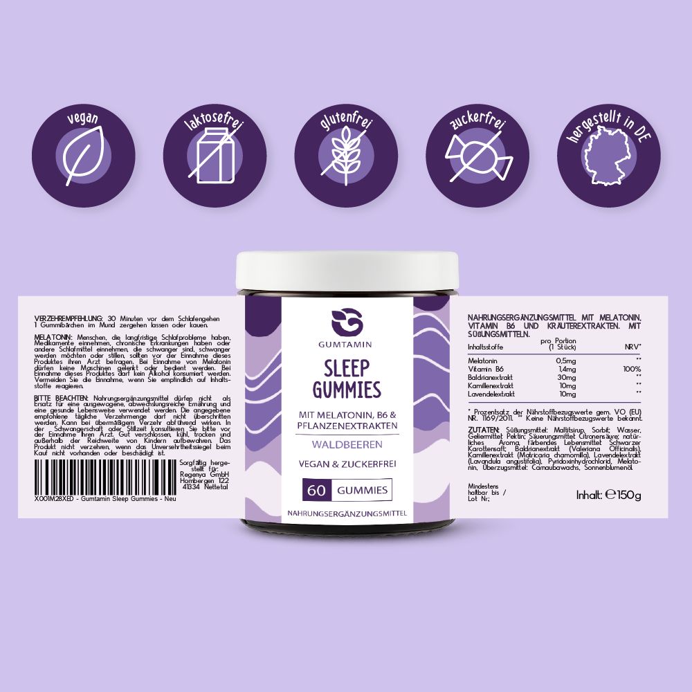 Glas mit Etikett. Text: Gumtamin Sleep Gummies, 60 Gummies, Waldbeeren. Symbole: vegan, laktosefrei, glutenfrei, zuckerfrei, hergestellt in DE.