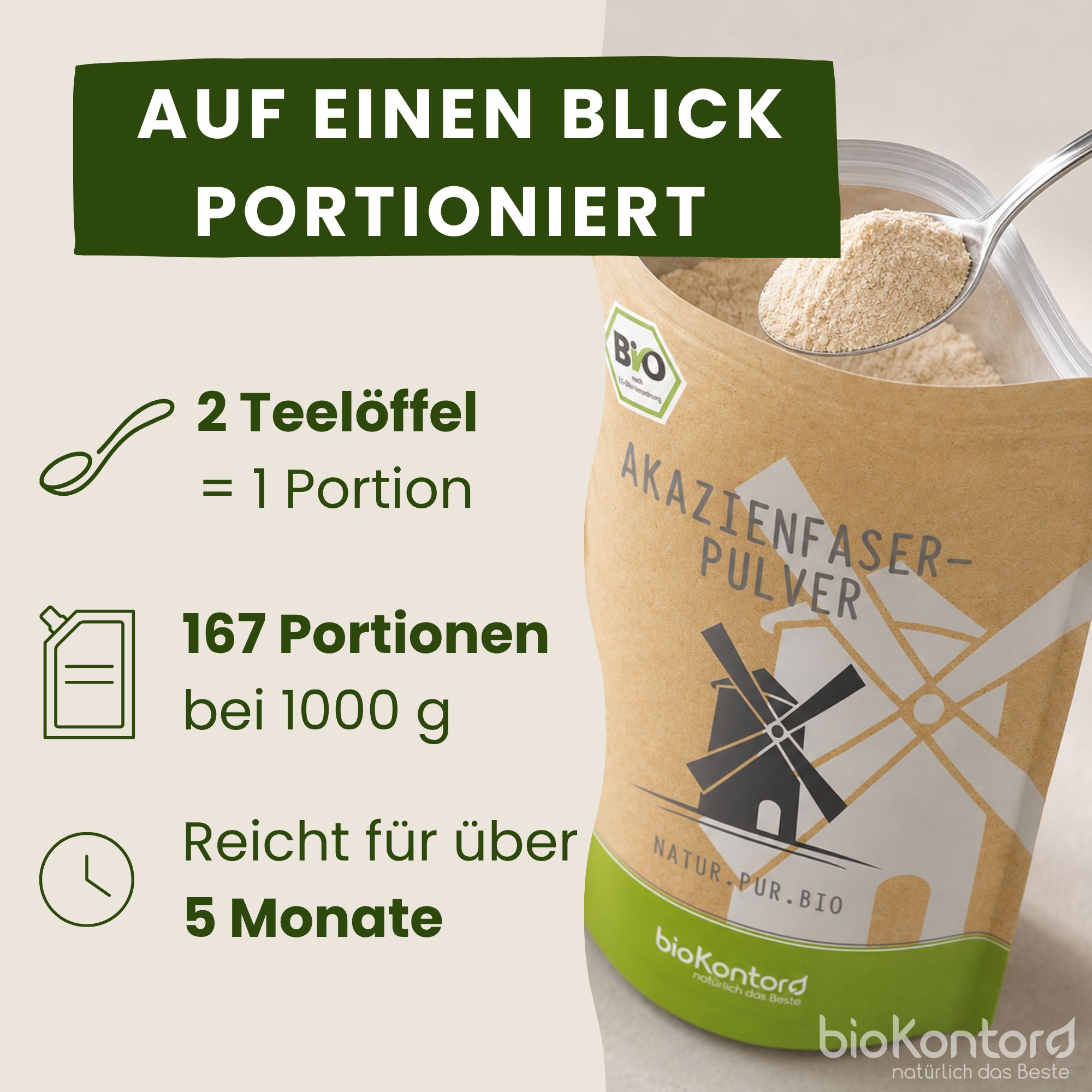 Bio Akazienfaser Pulver: 2 Teelöffel = 1 Portion. 167 Portionen bei 1000g, reicht für über 5 Monate.