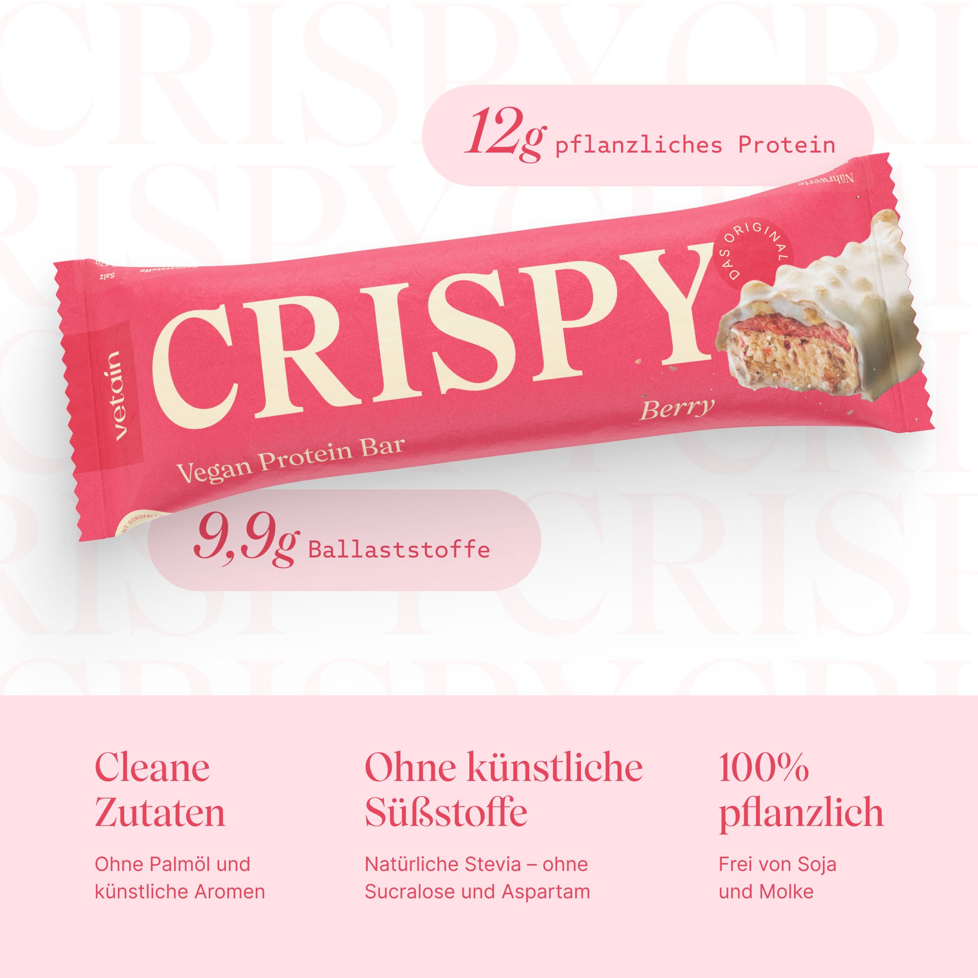 Rosa Proteinriegel-Verpackung. Aufdruck: CRISPY, Vegan Protein Bar, Berry. Text: 12g pflanzliches Protein, 9,9g Ballaststoffe. Text: Clean Zutaten, ohne künstliche Süßstoffe, 100% pflanzlich.