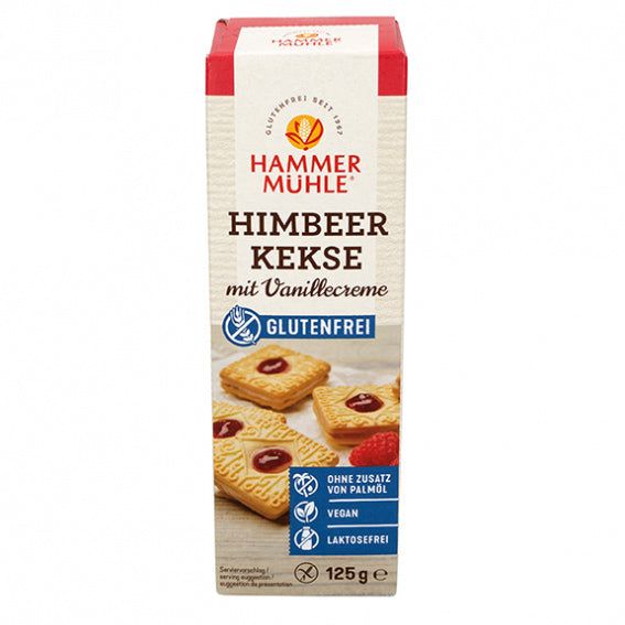 Verpackung Himbeerkekse mit Vanillecreme, glutenfrei. Marke Hammermühle. Aufschrift: Ohne Zusatz von Palmöl, Vegan, Laktosefrei. 125g.