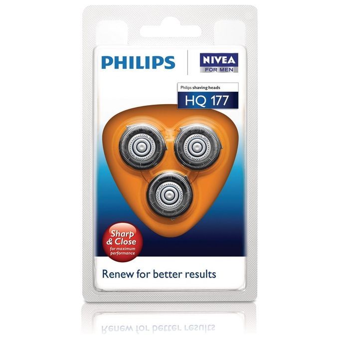Testine di rasatura Philips HQ177. Confezione con tre testine rotonde. Marchi Philips e Nivea.