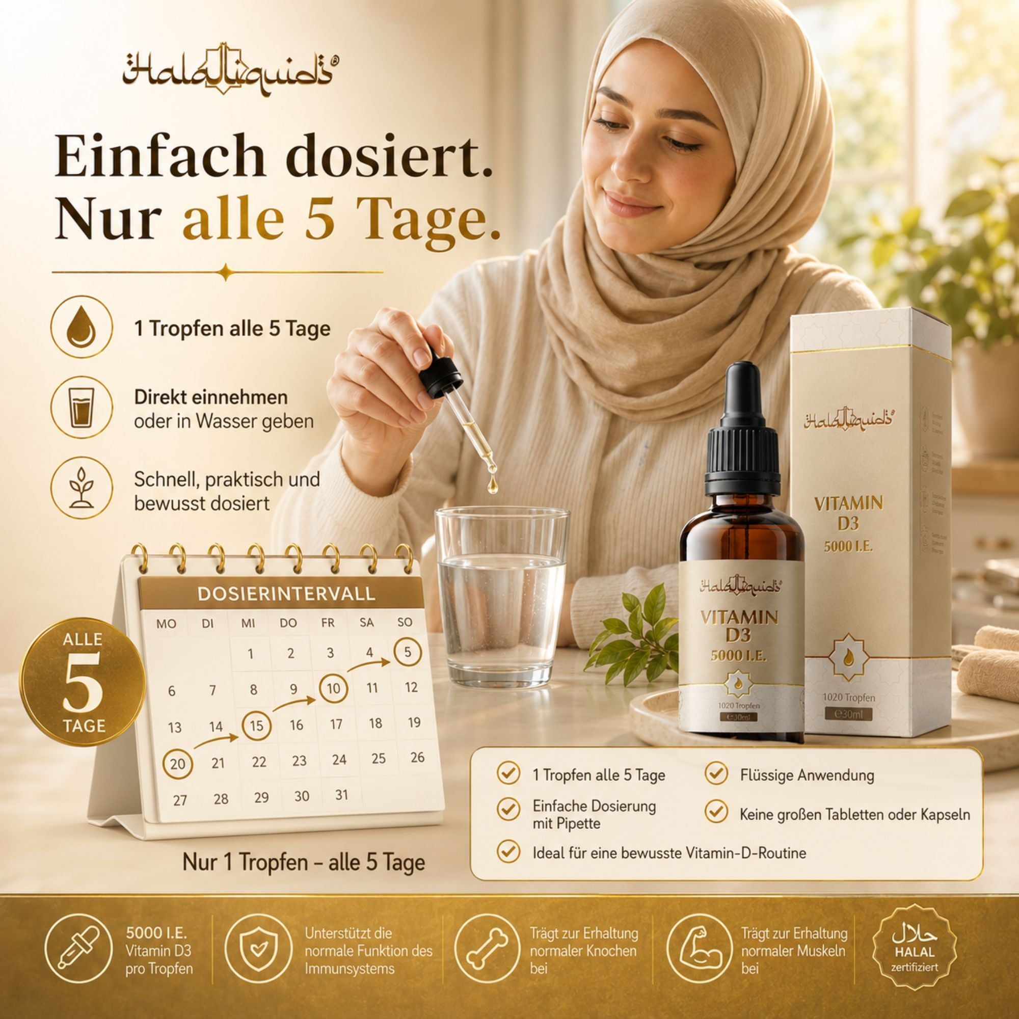 Kalender zeigt alle 5 Tage Einnahme von Vitamin D3 Tropfen. Einfache Dosierung mit Pipette.
