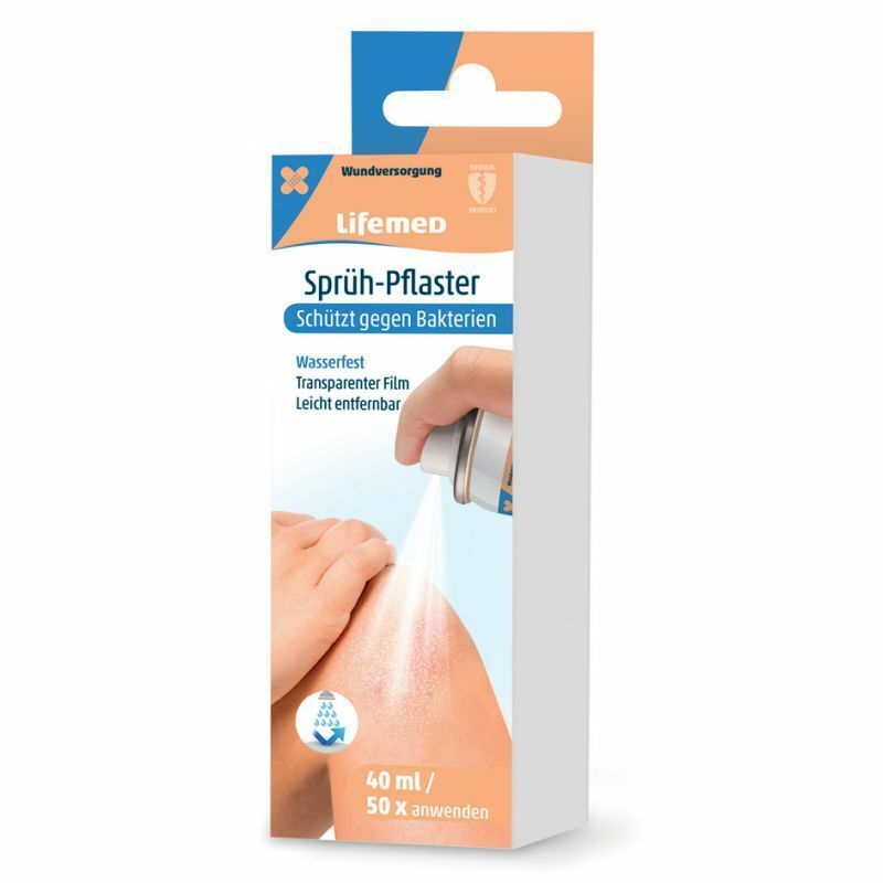 Produktverpackung mit Sprüh-Pflaster. Dose sprüht auf Haut. Text: Schützt gegen Bakterien. 40 ml / 50 x anwenden.