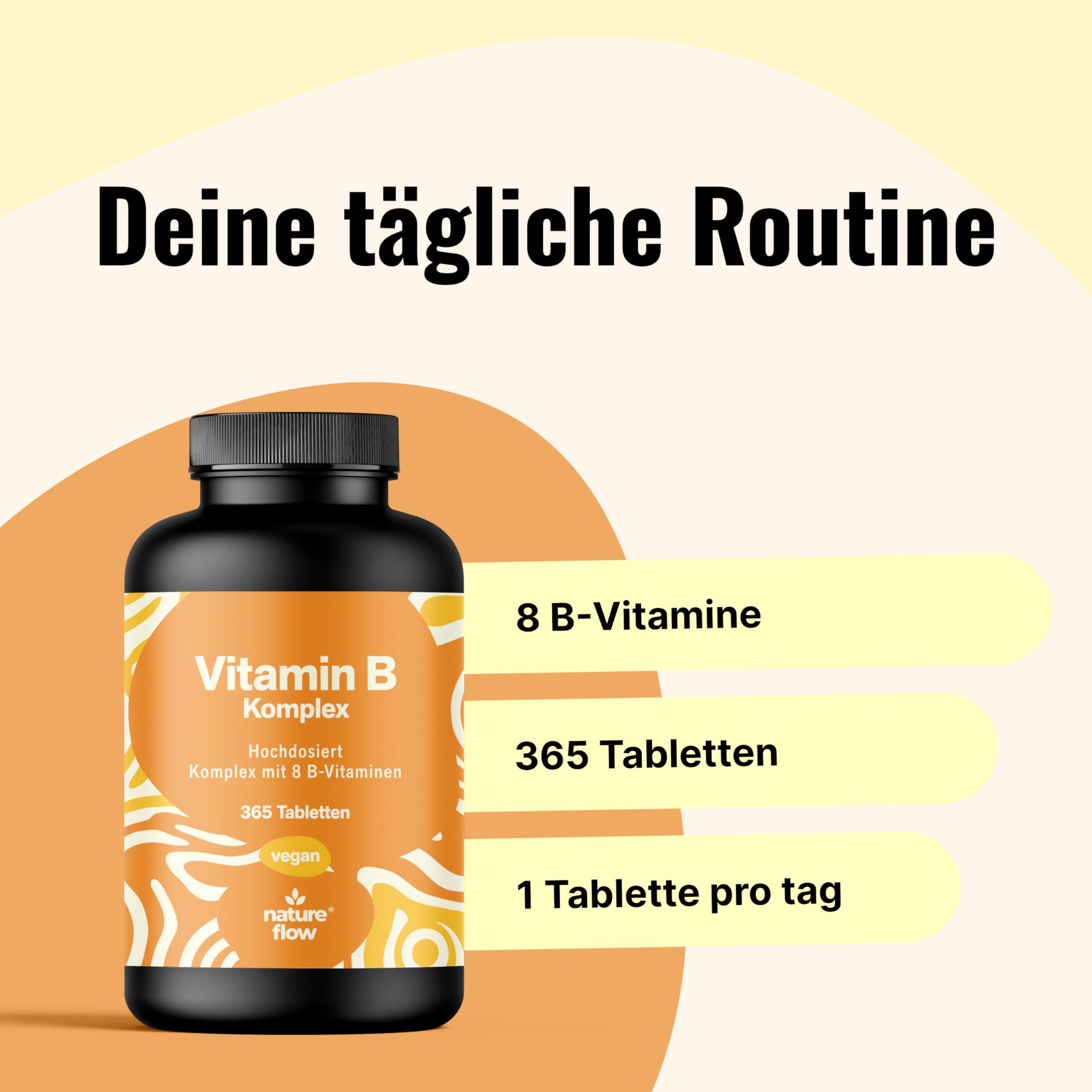 Schwarze Flasche Vitamin B Komplex Tabletten. Text: 8 B-Vitamine, 365 Tabletten, 1 Tablette pro Tag.