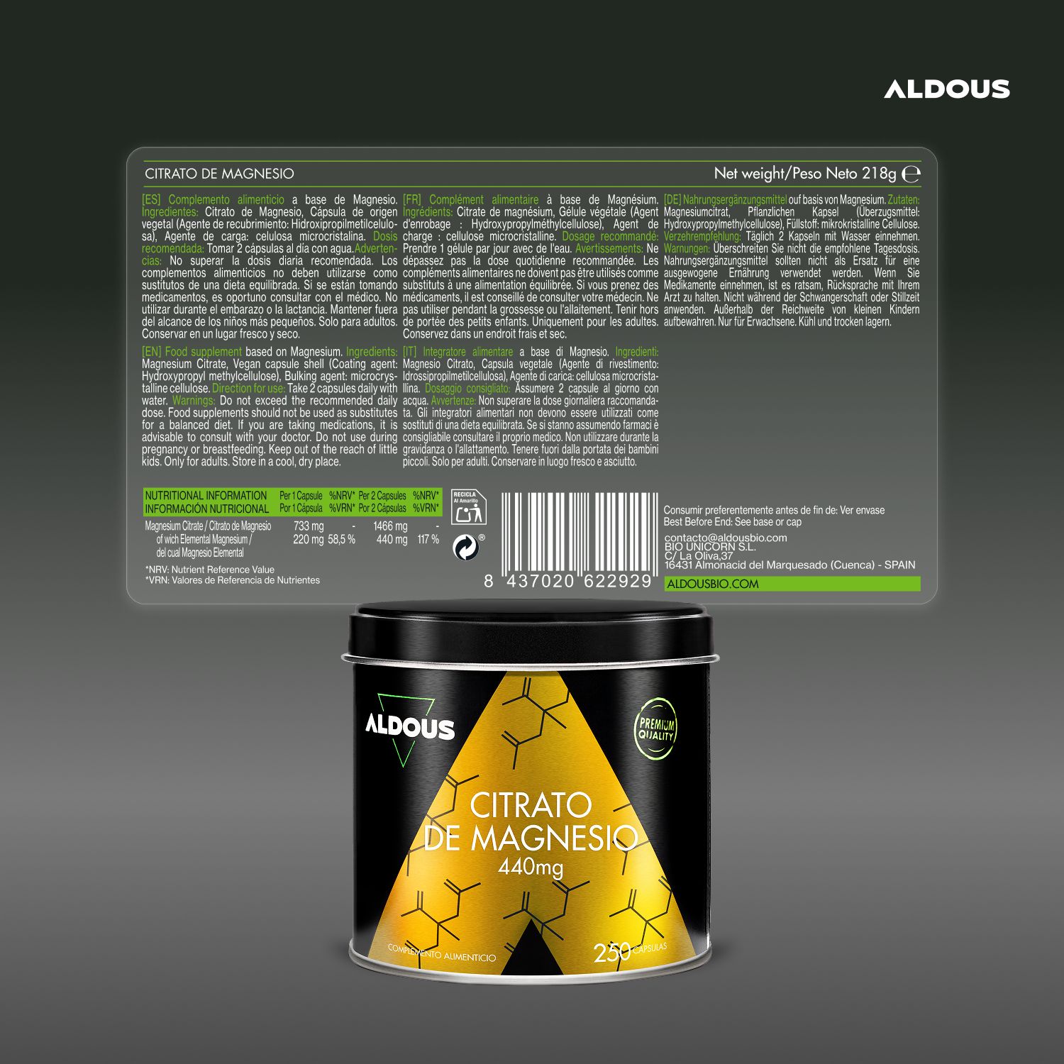 Dose mit Etikett. Text: Citrato de Magnesio 440mg. Marke: Aldous. Nährwertangaben und Inhaltsstoffe. Premium Quality.