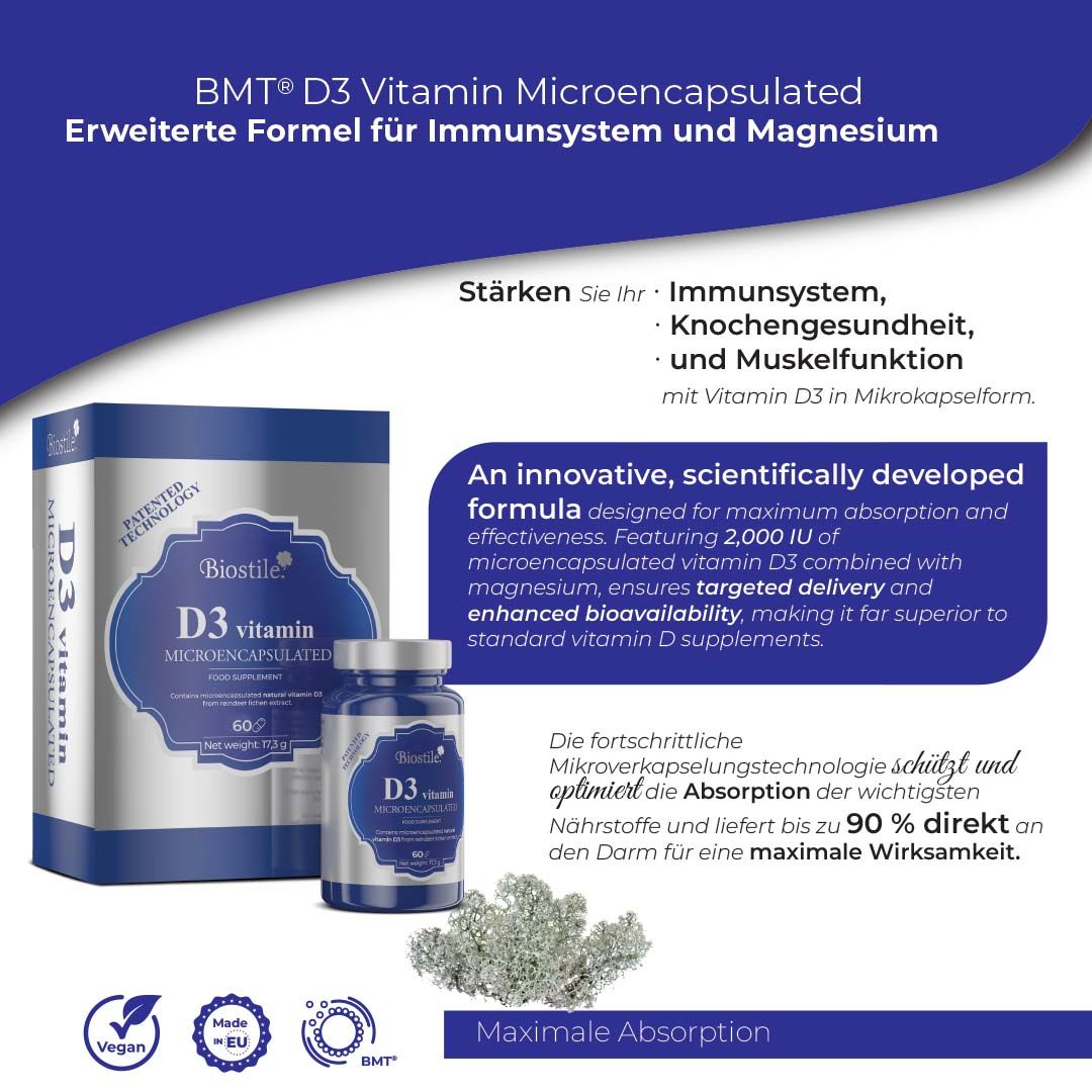 Biostile BMT D3 Vitamin, Mikroverkapselt, mit Flasche und Schachtel. Text über Immunsystem, Knochen und Muskeln.